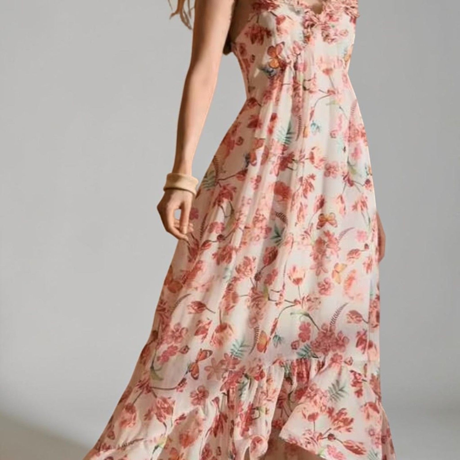 SHEIN MOTF Ivory Pink Floral High Low Maxi Dress Ruffle Hem NWOT
