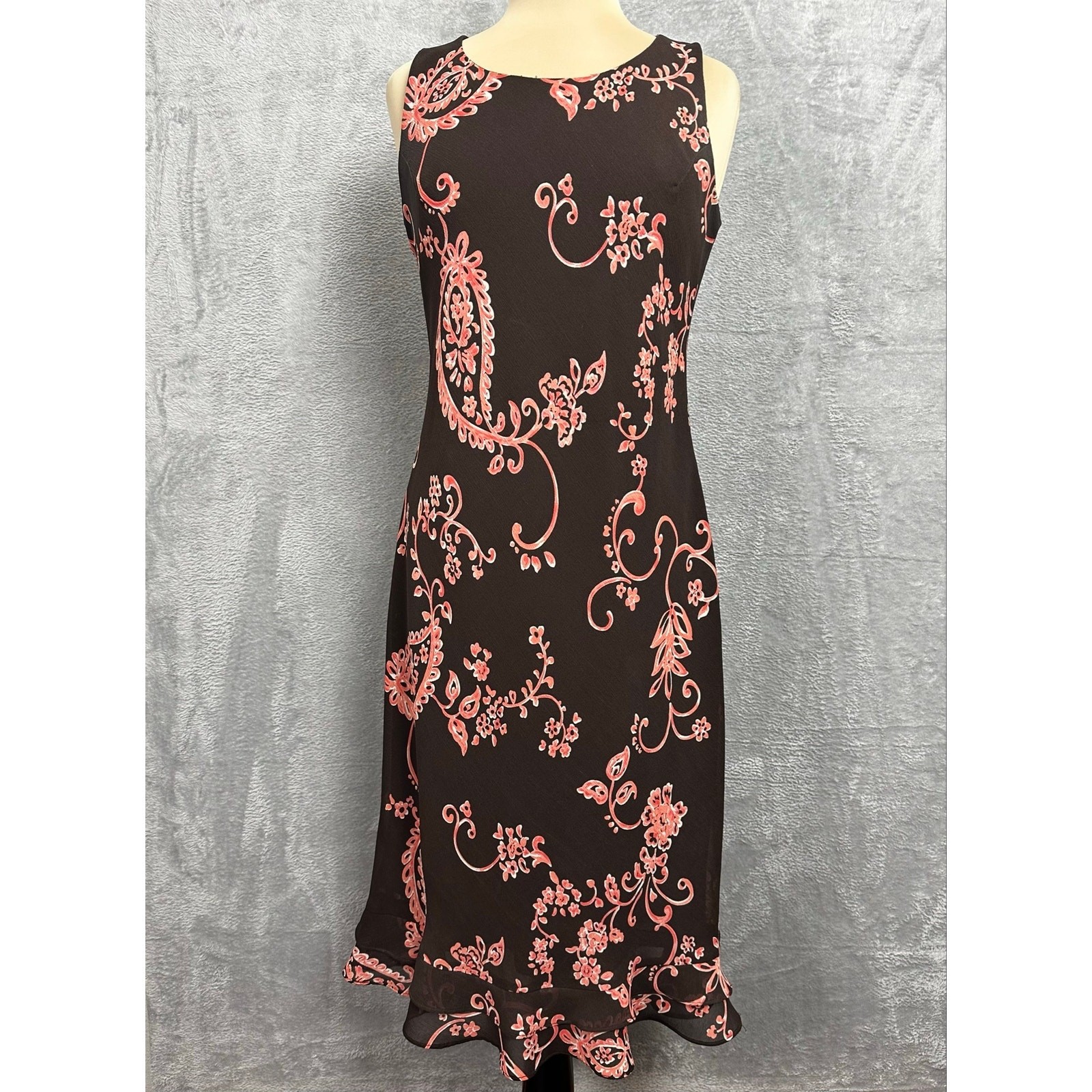 VTG 90s Y2K Studio I Brown Paisley Tank Midi Dress Chiffon Tiered Ruffle Slip 8