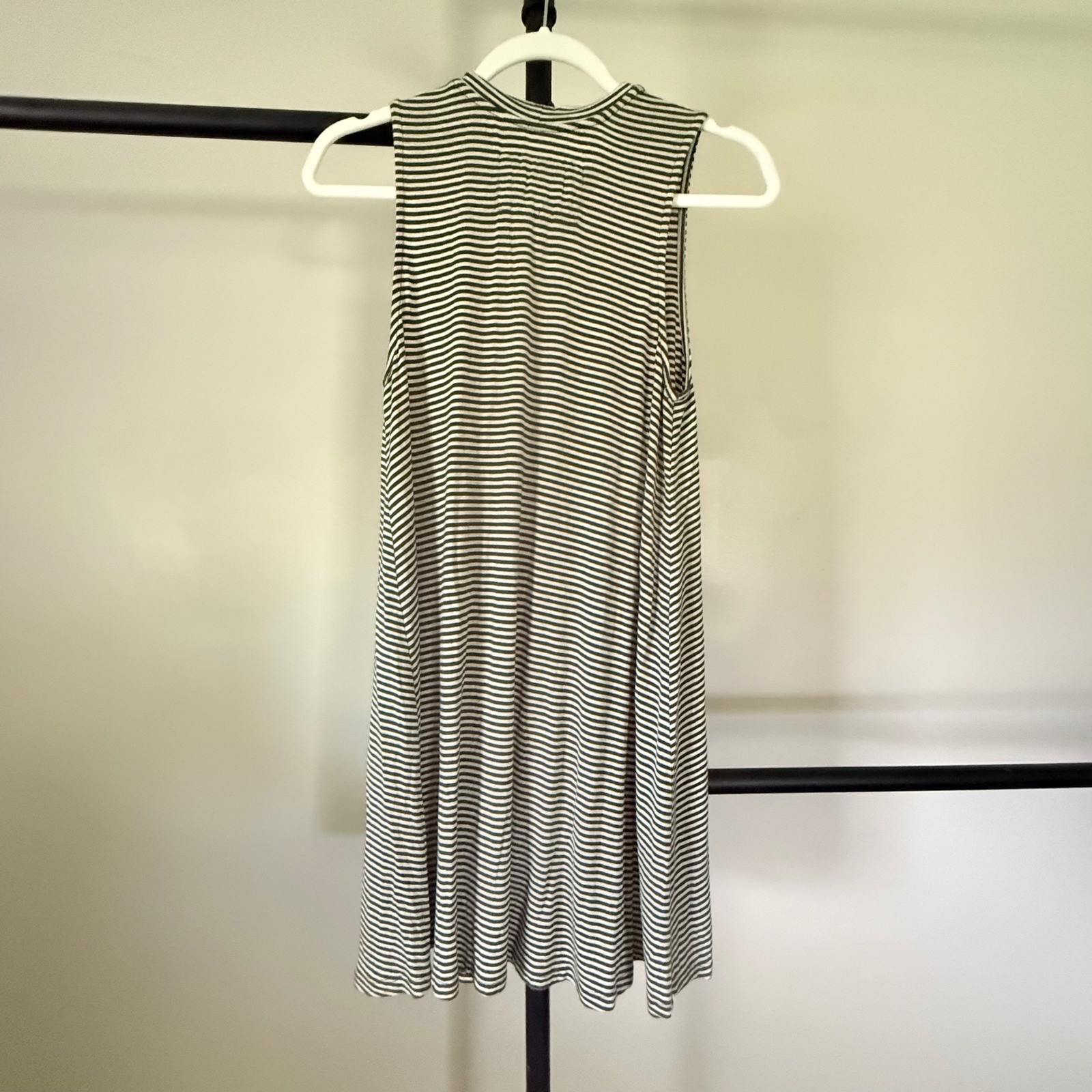 Sweet Wanderer Olive Green Striped Sleeveless Swing Dress Medium High Neck Flowy