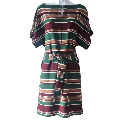 Vintage Style Striped Sheath Dress Green, Burgandy, UK Large (Fits 12 to 14)
