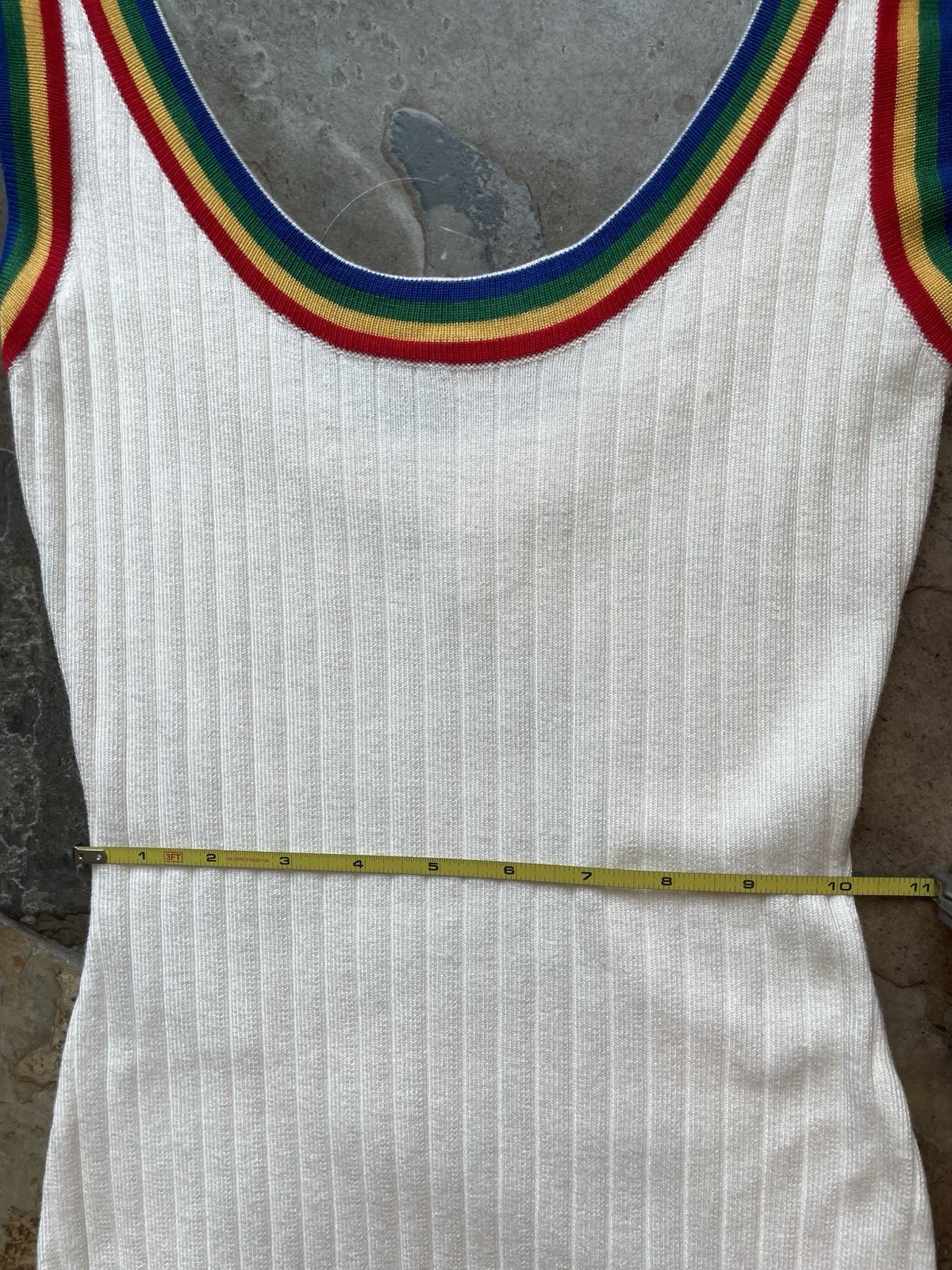 Super Down White Ribbed Knit Rainbow Stripe Trim Bodycon Mini Dress Women’s S