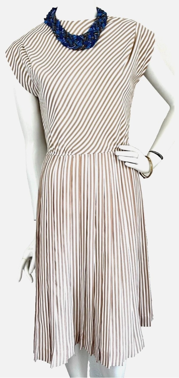Vintage 60s R&K Originals Dress Size Small Tan White Stripe Midi Pleated USA EUC
