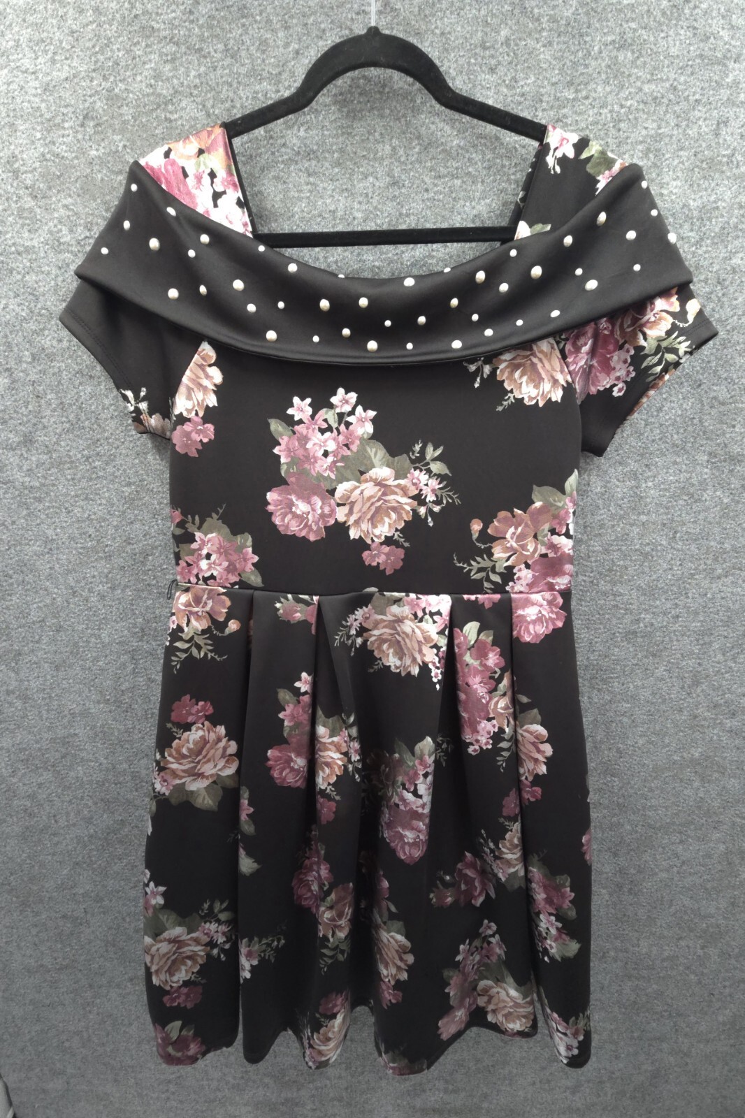 Knit Works Dress Womens 20.5 Flared Knee Length Lined Fit Flare Black Floral