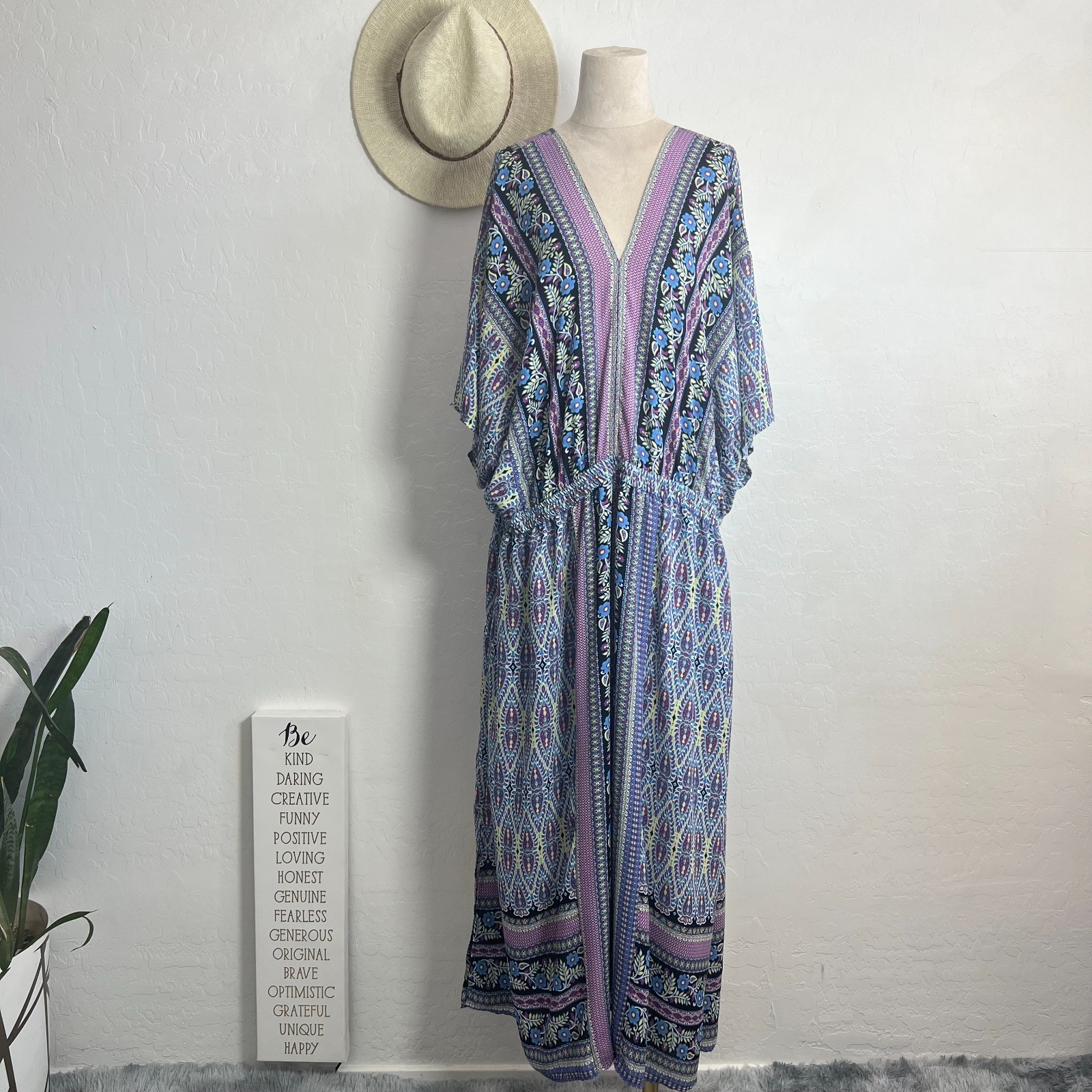Belle Boho floral tunic maxi sun dress XL beach cover resort light flowy purple