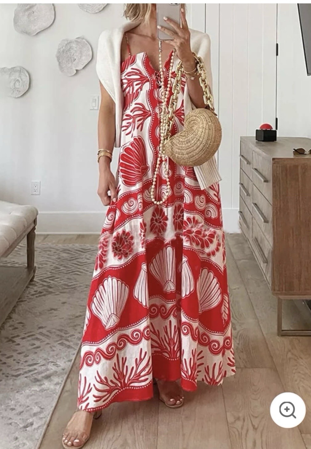 NWOT Like My Choice Red & White Tropical Shell/coral Print Maxi Beach Dress Sz L