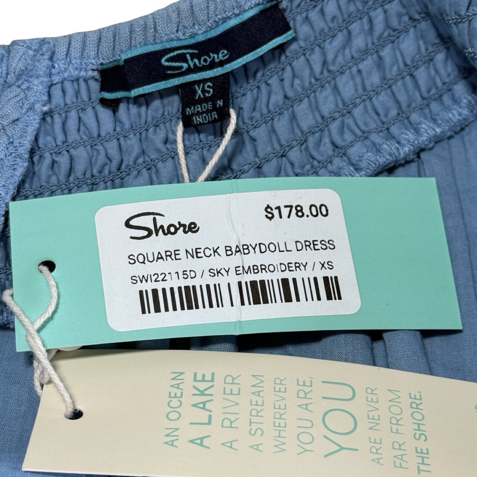 NWT $178 Shore Square Neck Embroidered Babydoll Dress Size XS Blue
