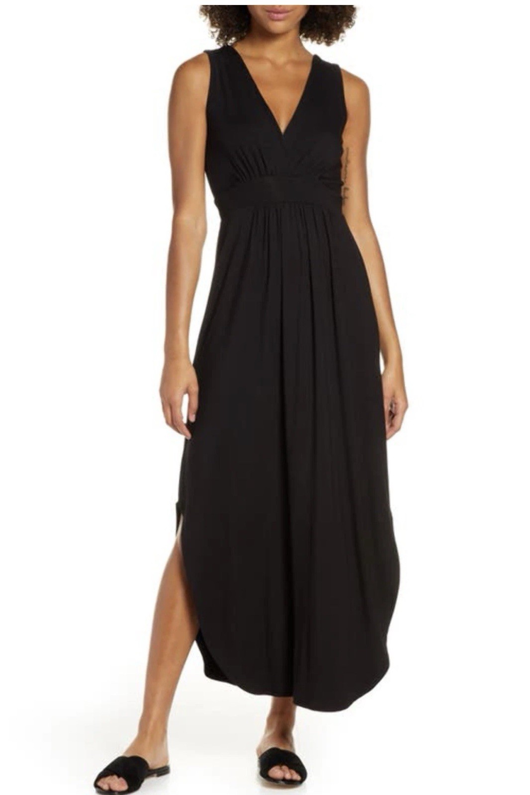Fraiche by J V-Neck Jersey Dress Black Size Large Flowy Midi Maxi