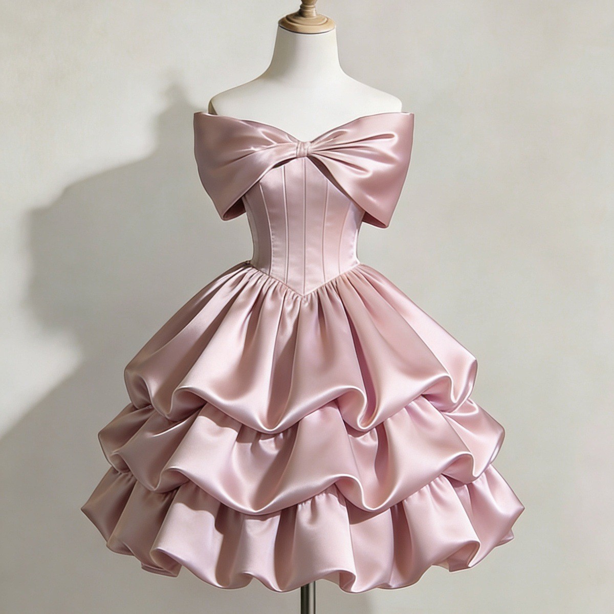 Pink Satin Off Shoulder Mini Dress Big Front Bow Corset Tiered Homecoming Gown