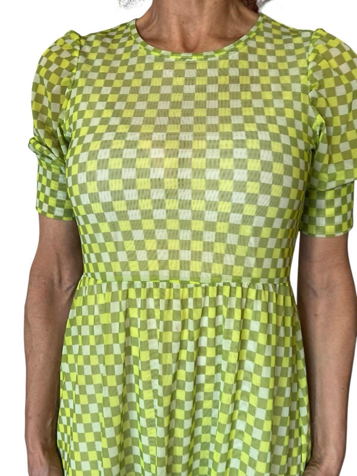 BAUM UND PFERDGARTEN Jocelyn Puff Sleeve Midi Tiered Mesh Green Check Sulphur XS