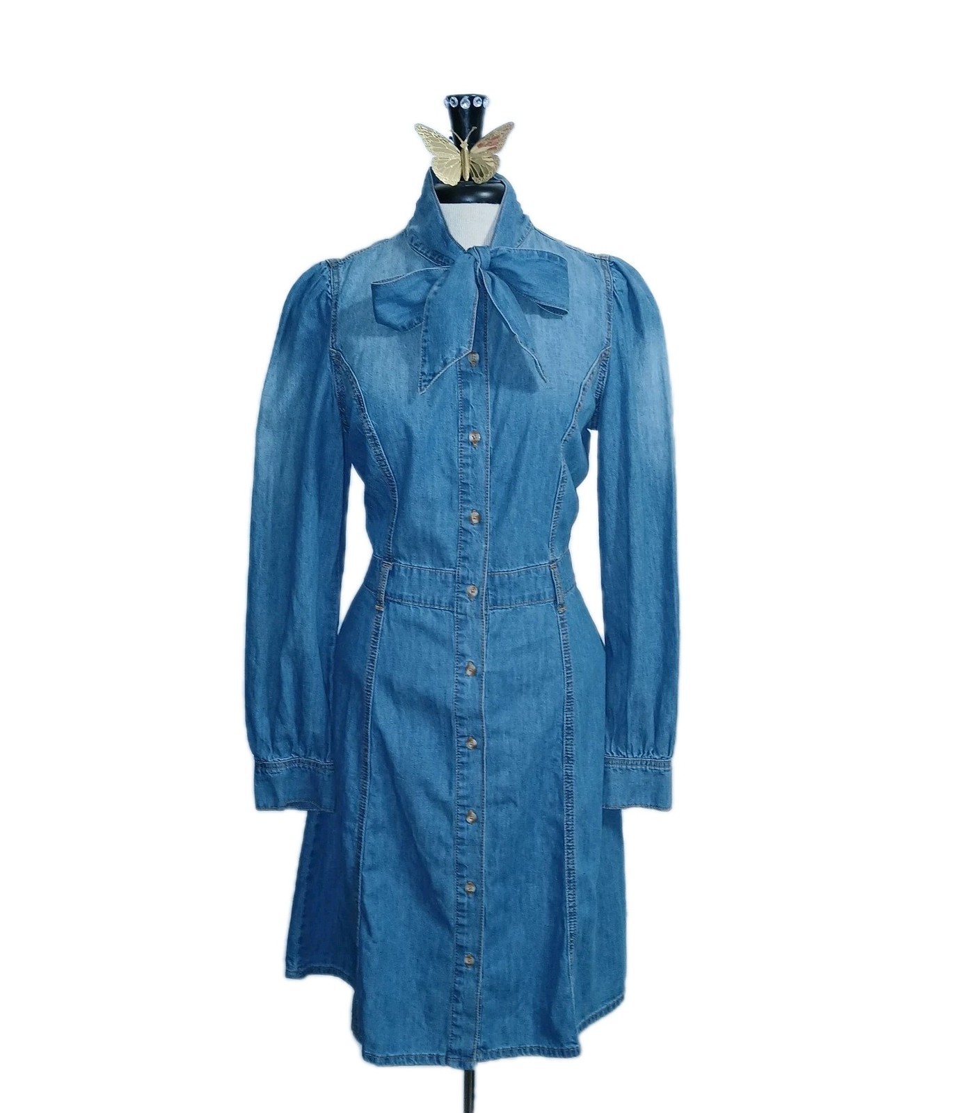 Western Women Bow Denim Dress S Blue Jean Fit Flare Medium Wash Cowgirl Country