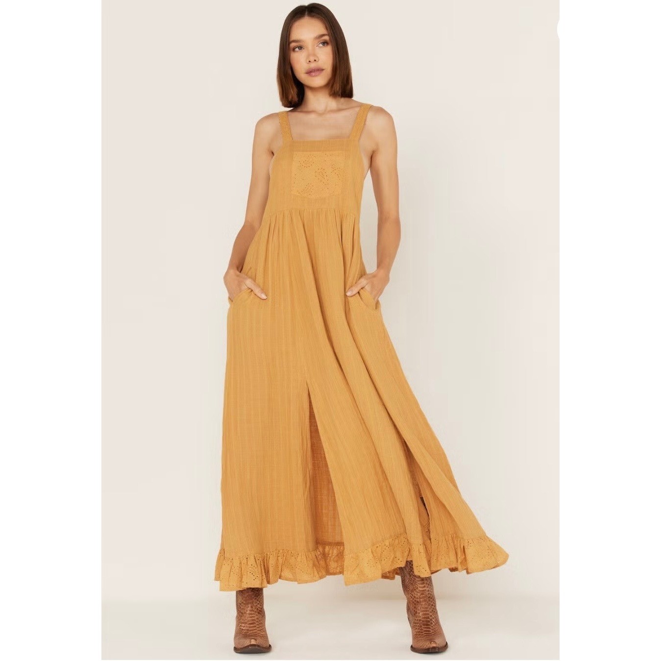 Cleo + Wolf Gold Textured Eyelet Bib Maxi Dress Boho Western Small