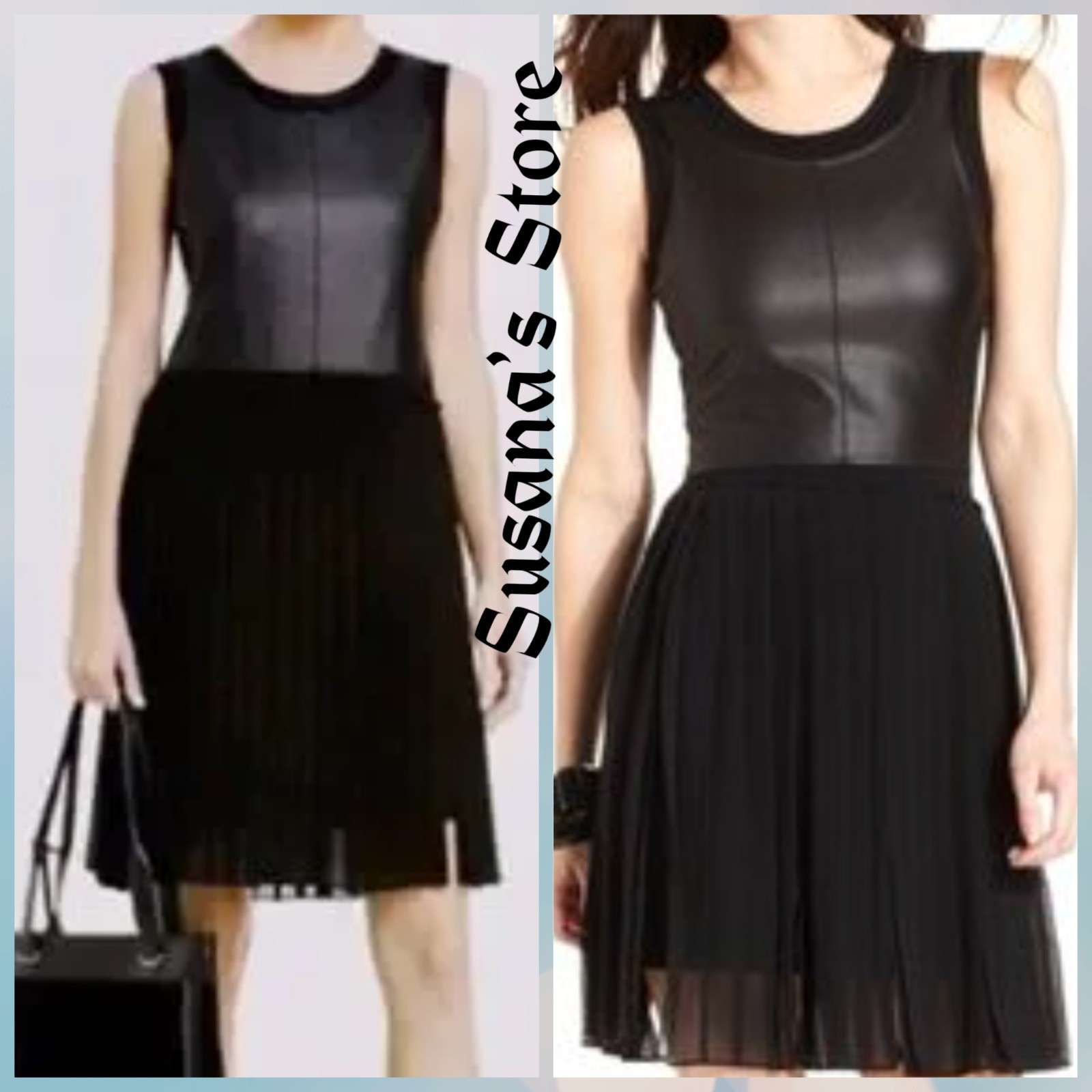 NWT BCBG MAXAZRIA SIZE S Cleo Mixed Media Faux Leather & Pleated Skirt Dress