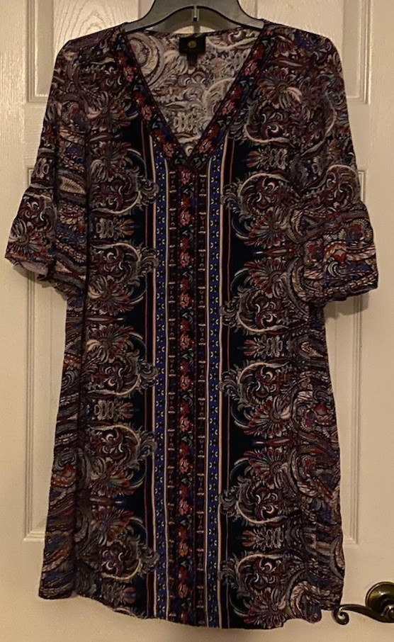 JM Collection Womens Shift Dress Black Paisley Floral Flared 1/2 Sleeve Small S