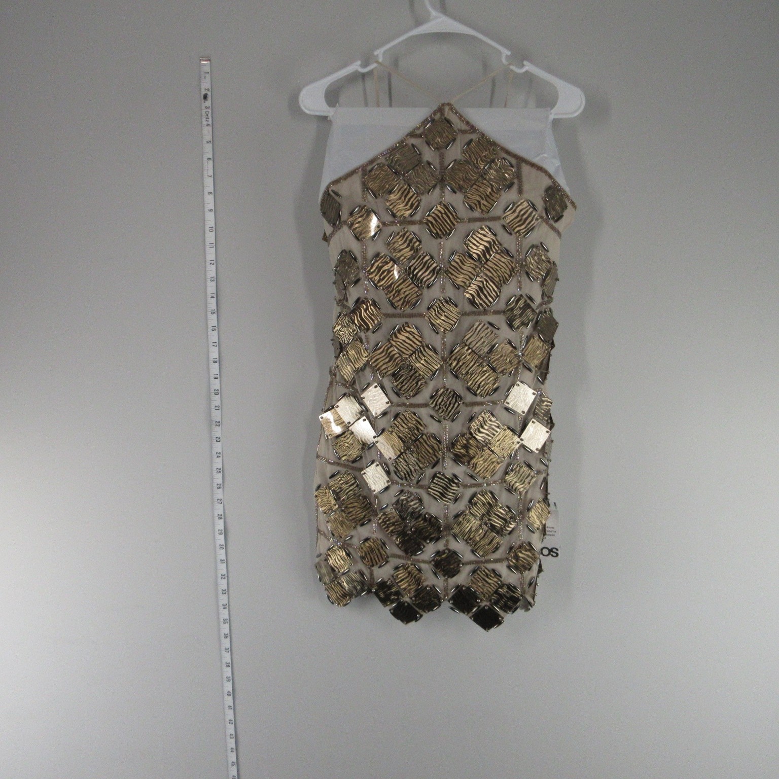 ASOS DESIGN Dress Womens 6 Tall Gold Beaded Sequin Halter Mesh Mini NWT