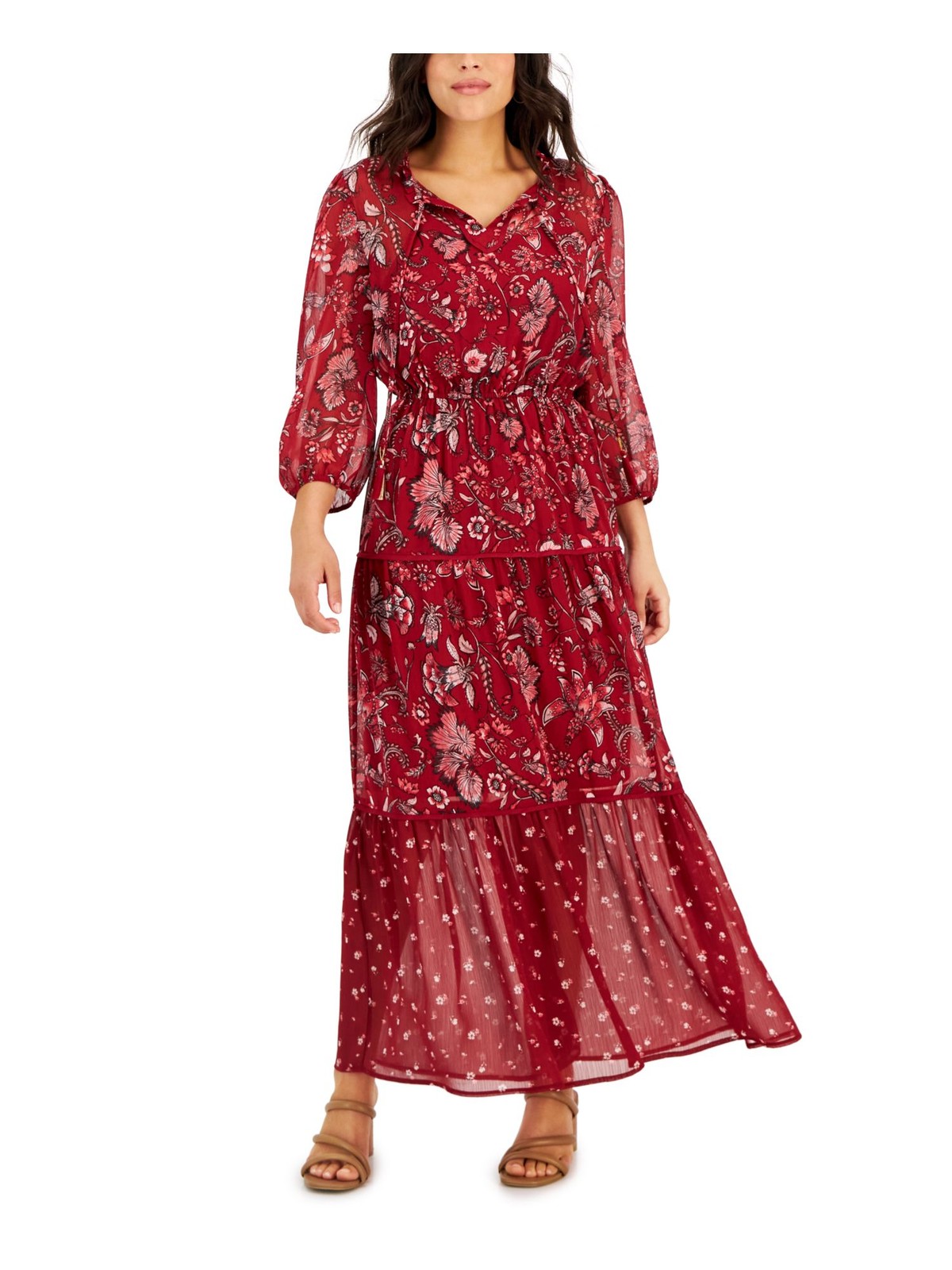 TINSEL Womens Red Tie Lined Elastic Waist Pullover 3/4 Sleeve Split Maxi Dress 0