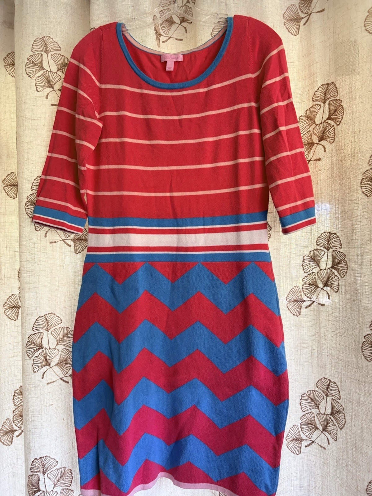 Lilly Pulitzer Sz L Geometrical Multicolor Knit Sweater Dress 3/4 Sleeves