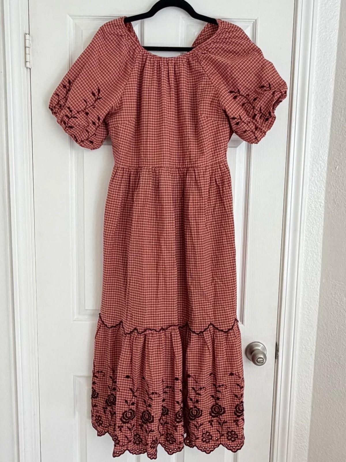 Madewell NWOT Red Gingham Embroidered Puff Sleeve Bow Back Midi Dress Size 10