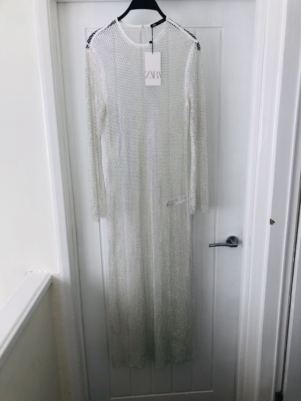 £120 ZARA SILVER RHINESTONE MESH midi maxi bodycon DRESS XS S 8 10 12 Cover Up