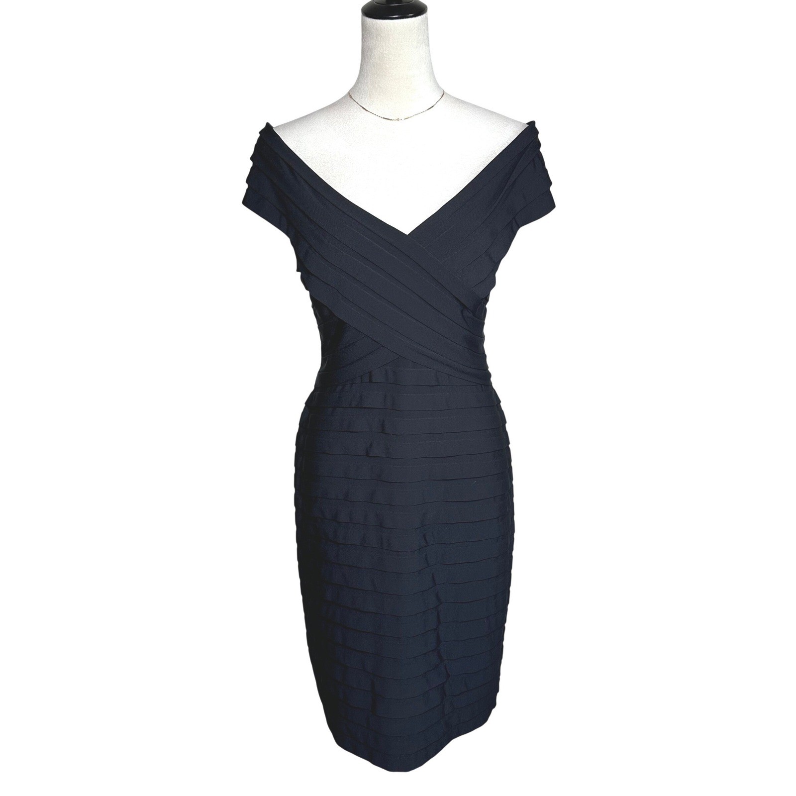 Tadashi Shoji Black Off Shoulder Minimalist Chic LBD Cocktail Midi Dress Large