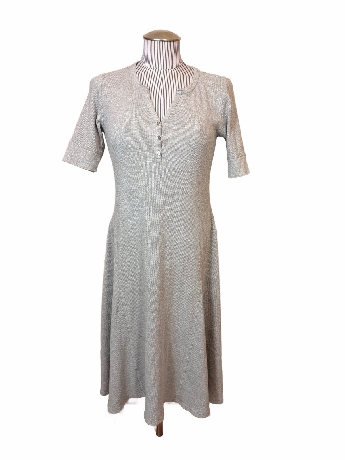 Lauren Ralph Lauren Gray Dress Knit Henley Short Sleeve Midi Solid Cotton L/G