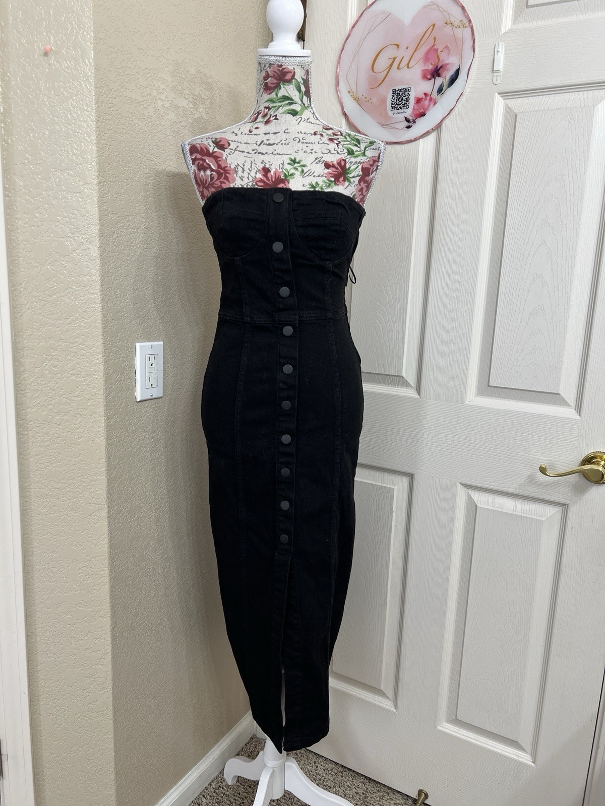 Zara Black Denim Strapless Button-Front Midi Dress with Slit Size S NWT