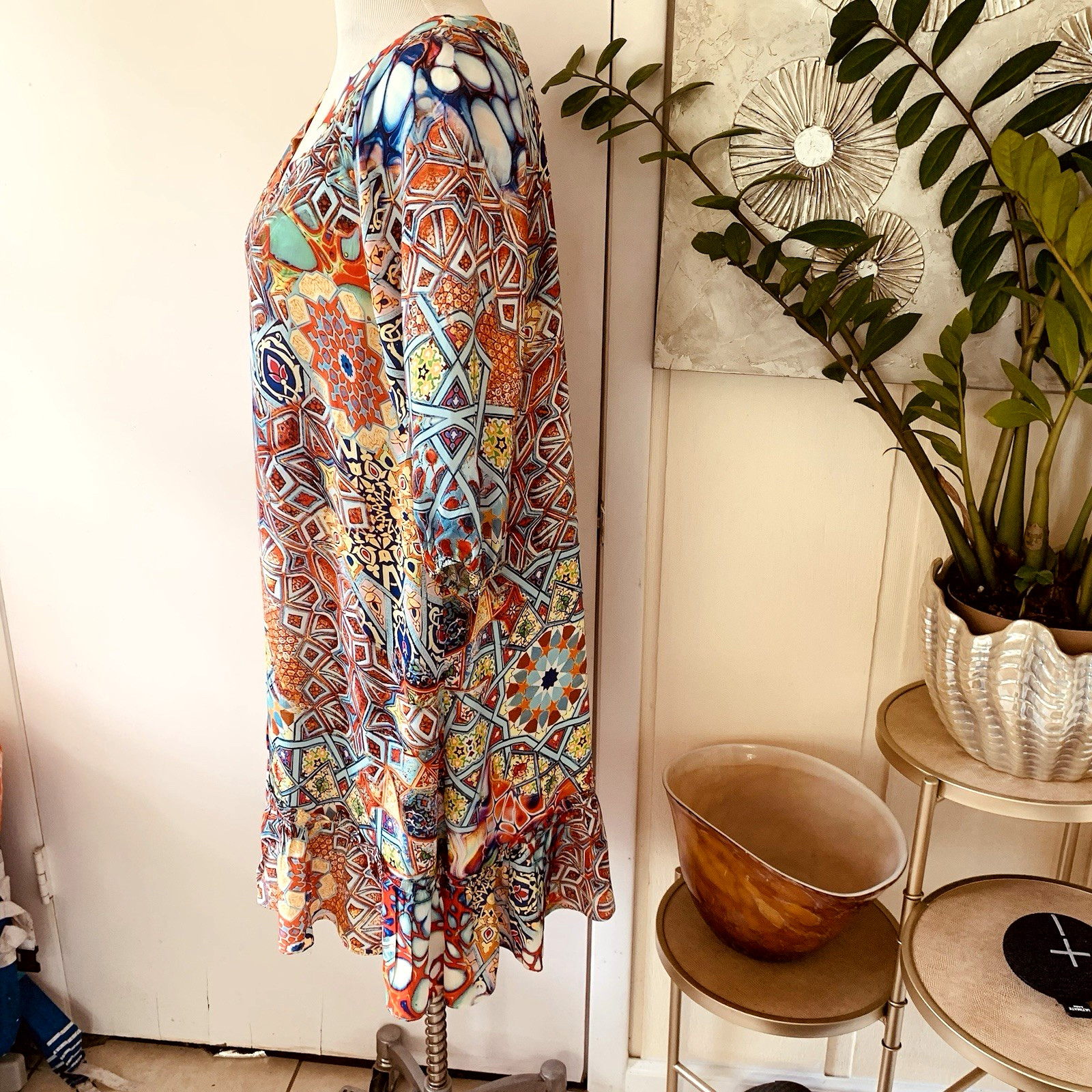 True Colours by La Moda Multi Color Mosaic Boho Silk Dress Size S/M