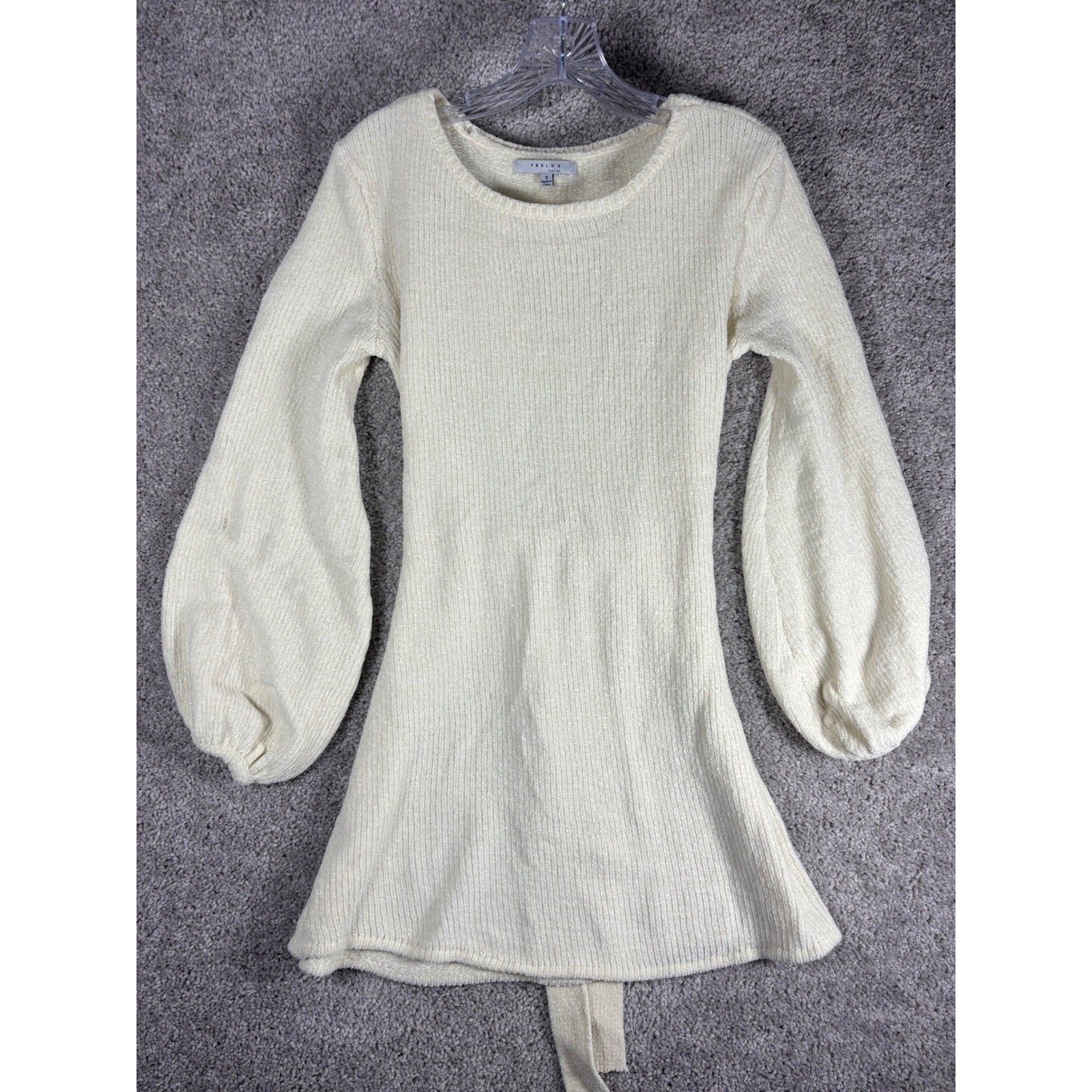 FAVLUX FASHION Cream Ribbed Balloon Sleeve Sweater Dress Belted Size Small