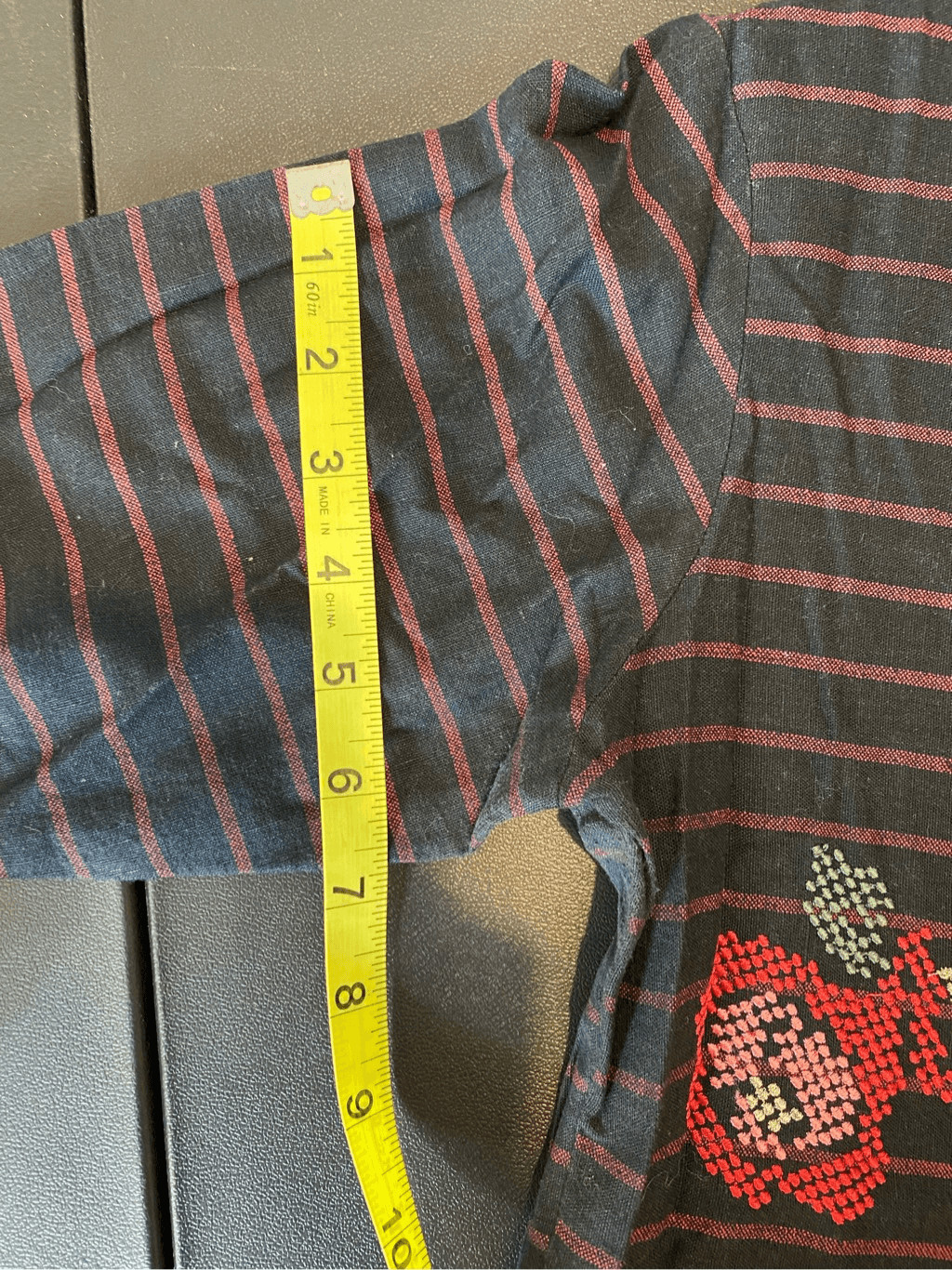 Bombay Paisley Dark Blue Red Stripe Floral Embroidered Button Down 3/4 Sleeve Mi