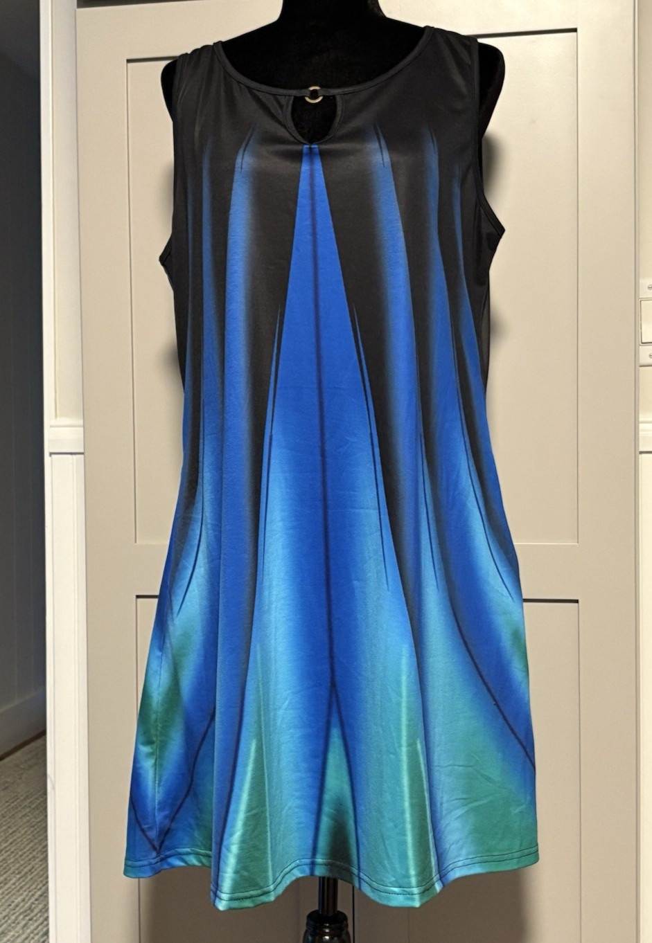 Etcyy Blue Black Dress Sleeveless Knee LARGE Swing Shift Tye Dye Key Hole Hippie
