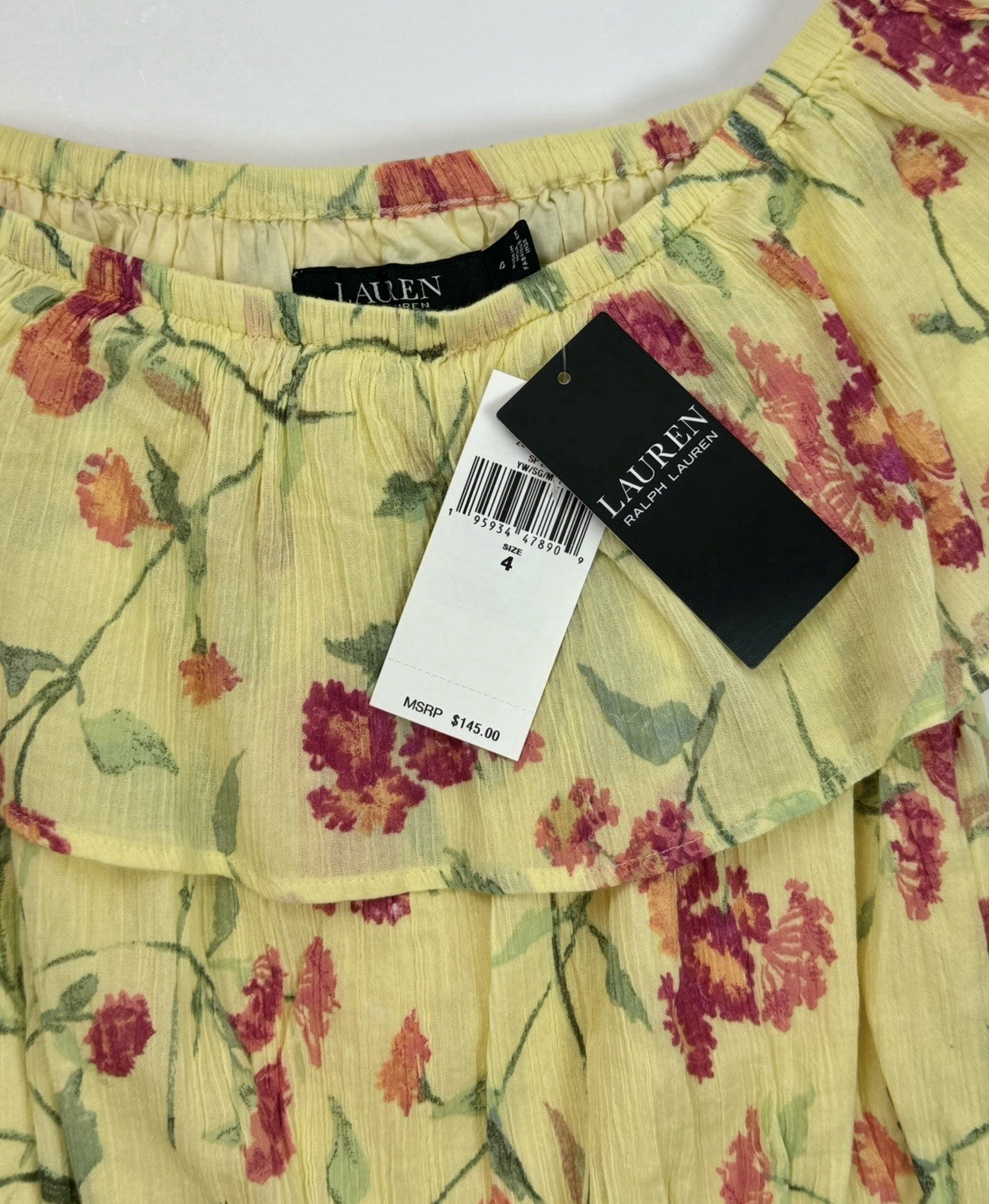 Ralph Lauren Ruffle Georgette Dress Yellow Floral Crinkle Womens Sz 4 $145 NWT