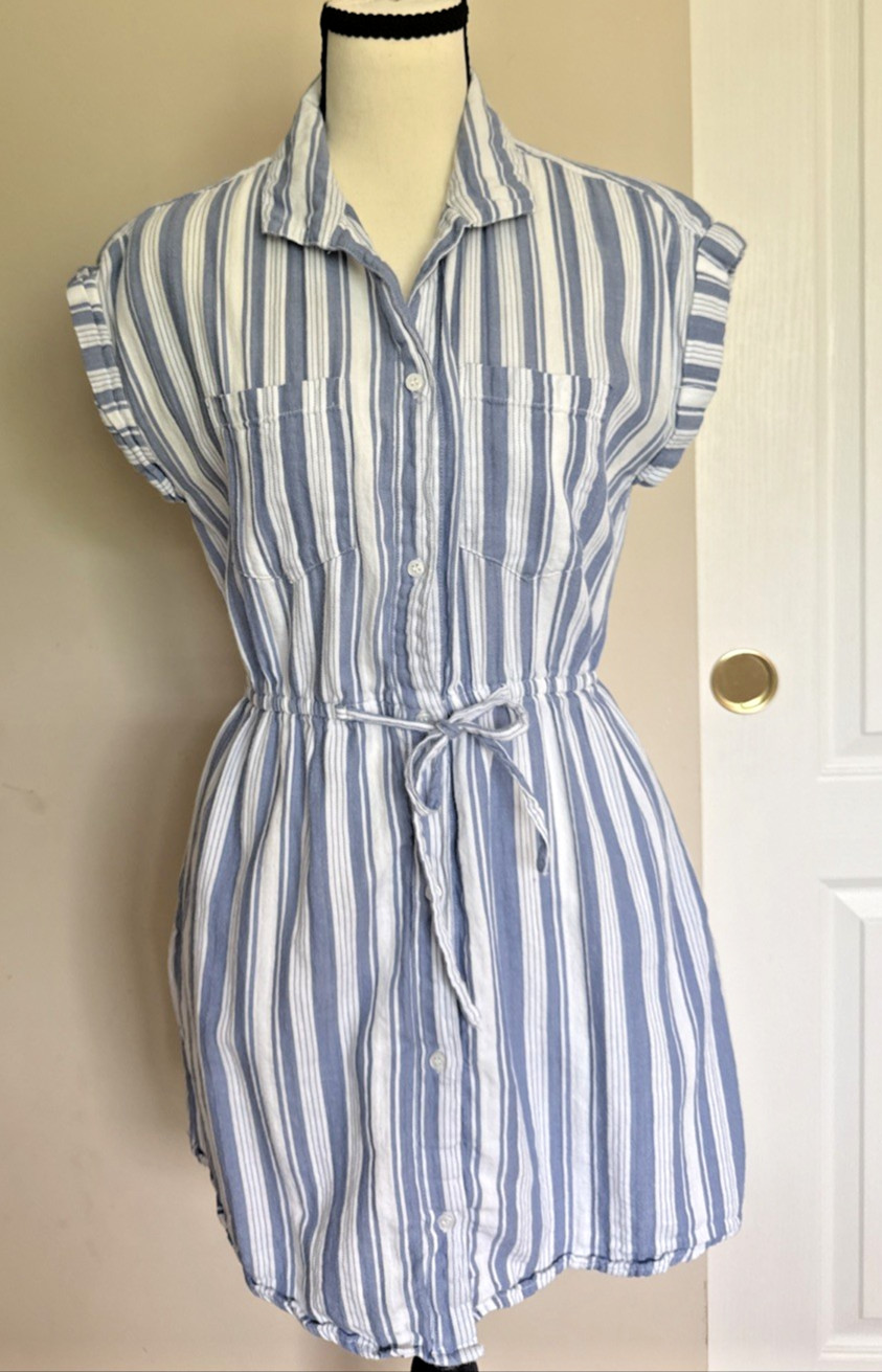 Japna Shirt Dress Blue White Striped Hight Low Button Tie Size M Cotton Blend