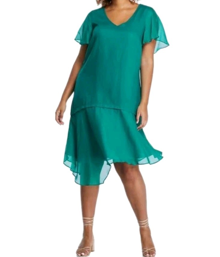 NEW Estelle Shadow Dress 16 Kelly Green Linen Silk Midi Flowy Boxy Asymmetrical