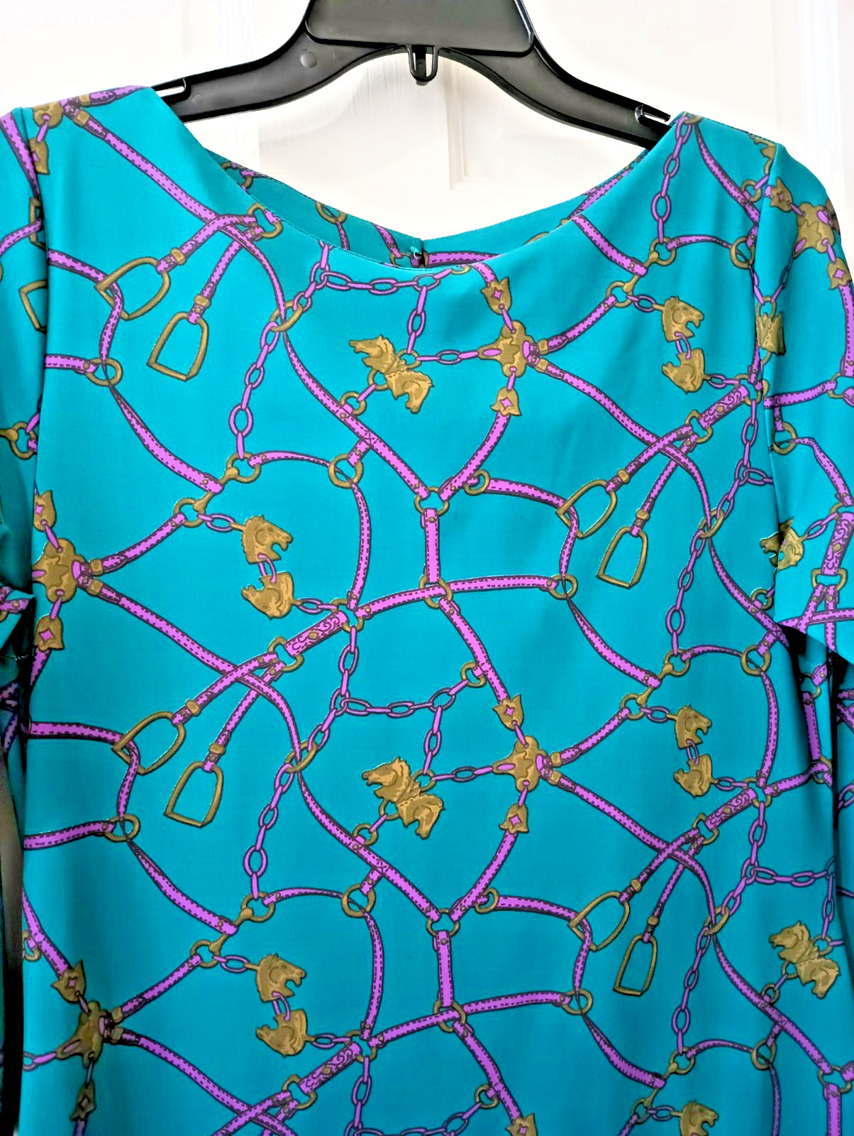 Britt by Britt Ryan Equestrian Shift Dress Horse Bit & Bridle Print Aqua Small