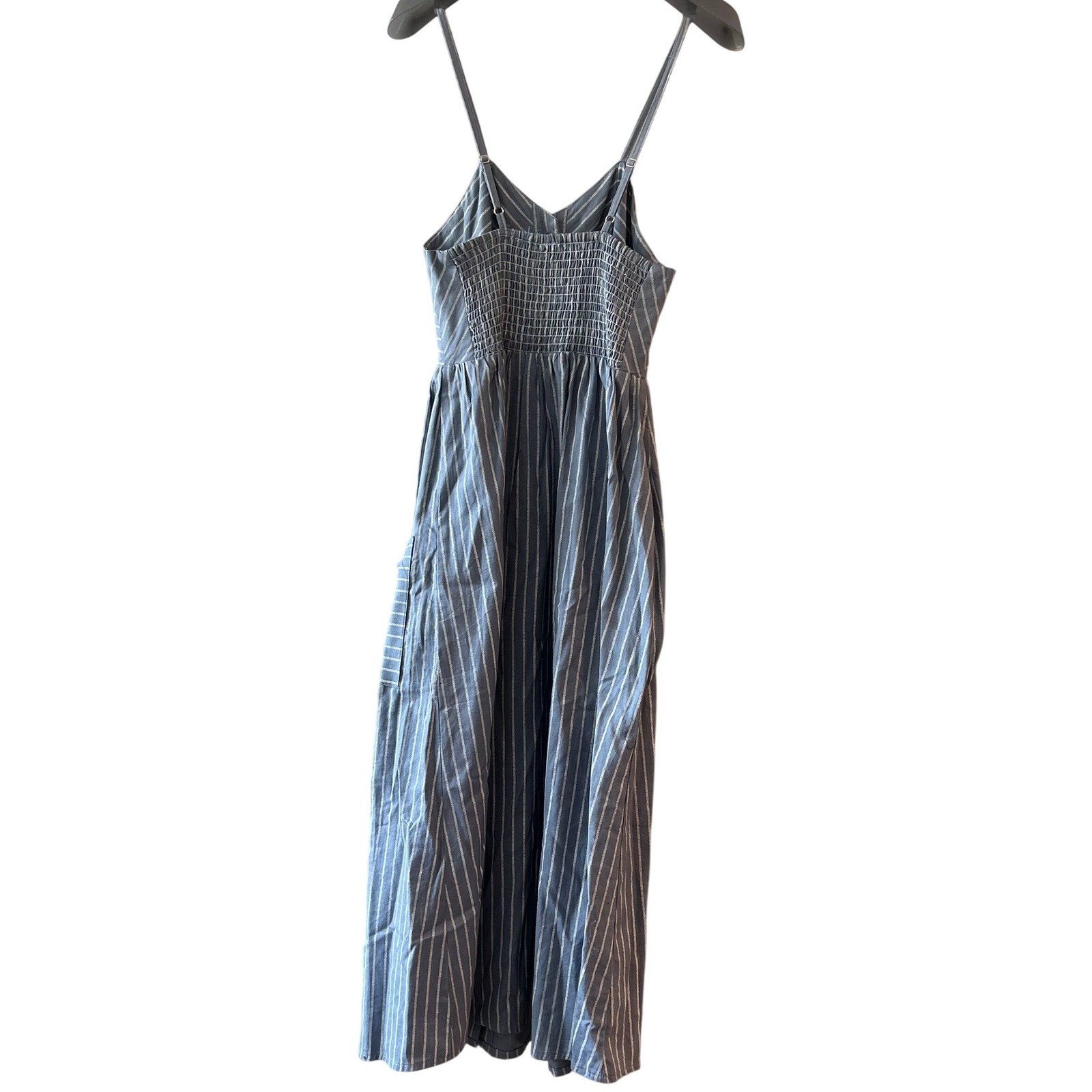 Blue Striped Cami Smocked Sundress Pockets Midi Dress S Button Front 100% Cotton