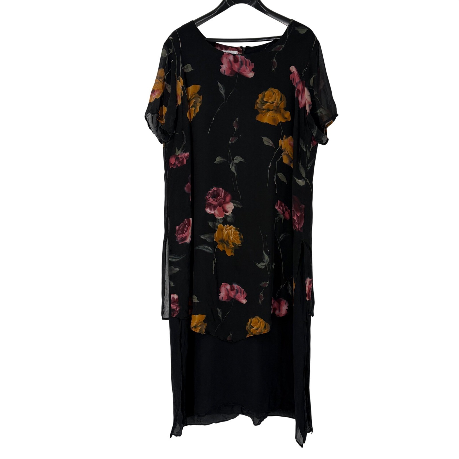 VTG Tess Dress Womens 22W Black 100% Silk Floral Layered Maxi Dress Rose Print