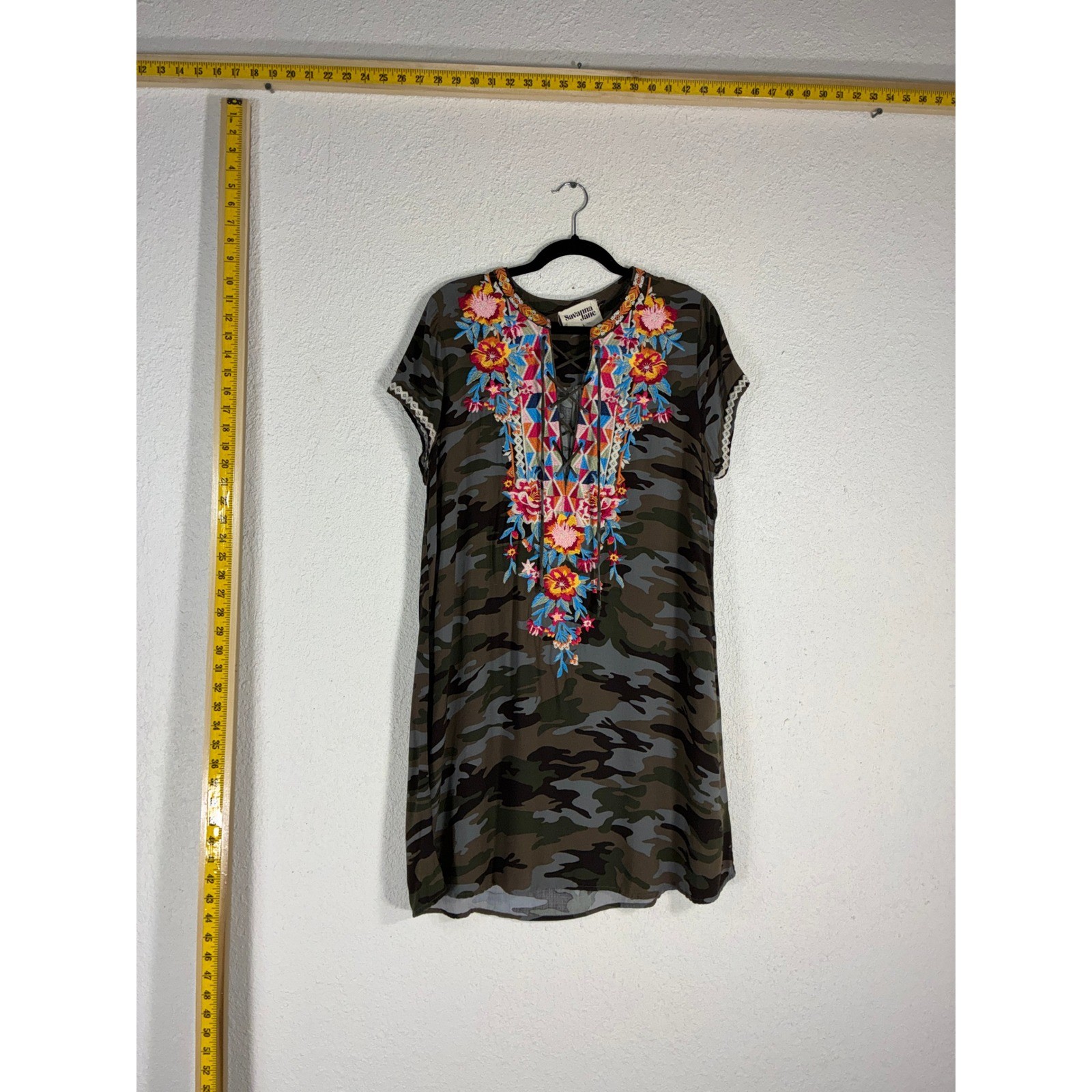 Savanna Jane Camo Embroidered Lace Up Tunic Dress Large Green Floral Boho K93829