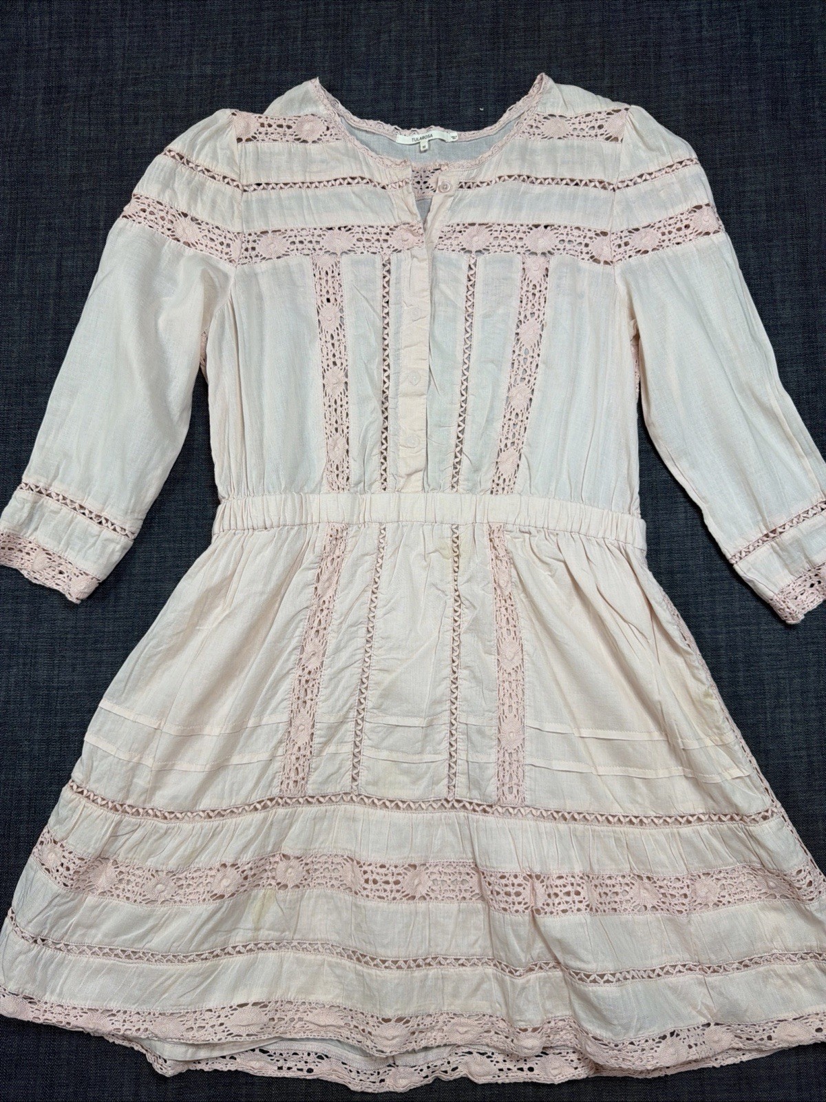 Tularosa Blush Pink Cotton Crochet Lace Inset Long Sleeve Mini Dress Size M