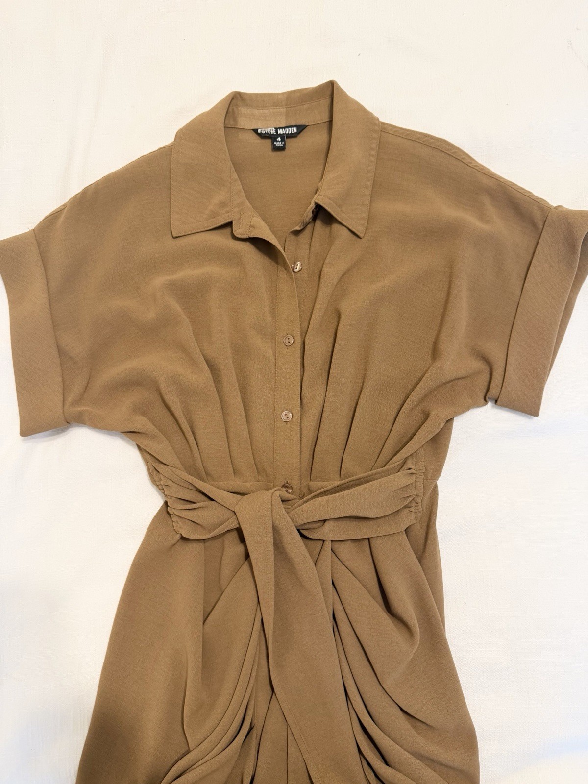 Steve Madden Brown Solid Shirt Dress Collared Short Sleeve Button Belted 4
