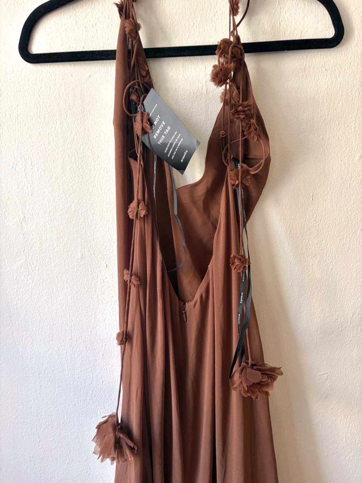 Retrofête $1298 DEENA CHIFFON DRESS Brown Silk Long Dress Backless Size Small