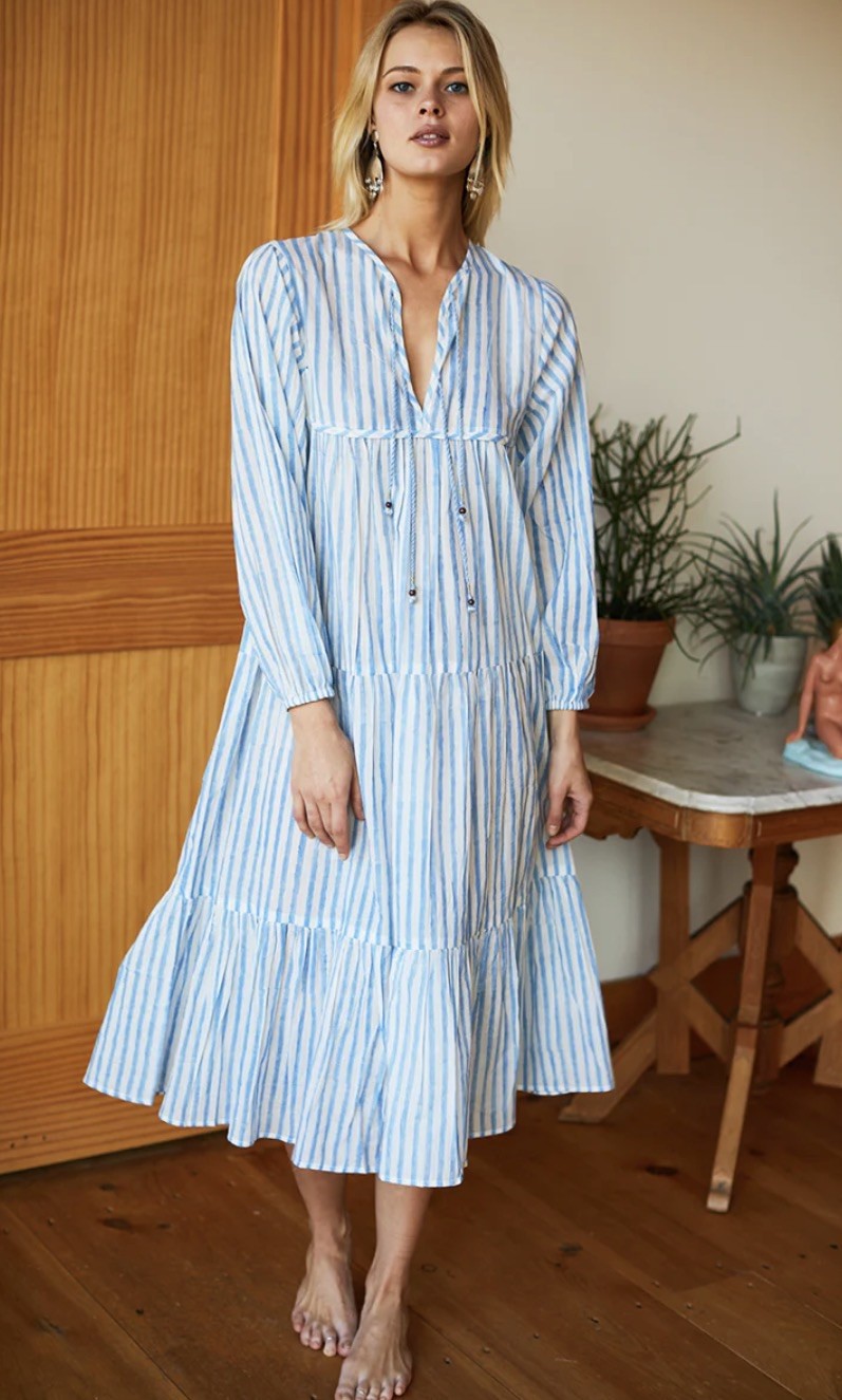 Emerson Fry Kaftan Dress Heirloom Tassels Tier Blue Cotton SMALL Rare NWT
