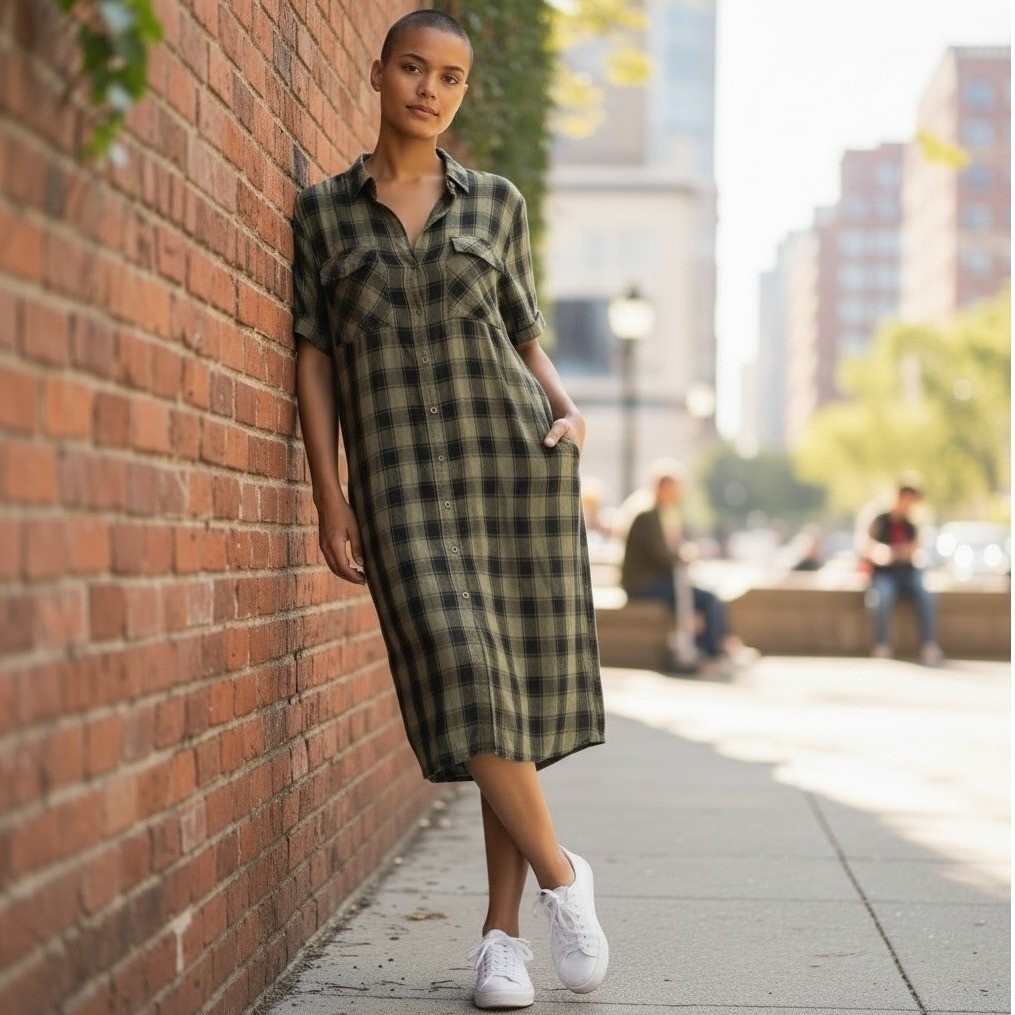 Rock & Republic Womens Olive Green Black Plaid Shirt Dress Grunge Punk Midi – M