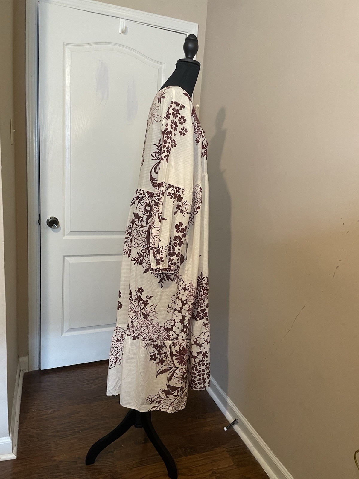 Johnny Was Aquijio Tiered Bishop Sleeve Floral Cotton Blend Midi Dress Size XL