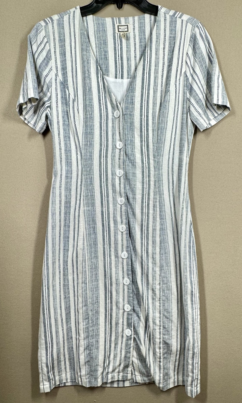 Mo:Vint Dress Womens Small White Blue Striped Short Sleeve Linen Button Front