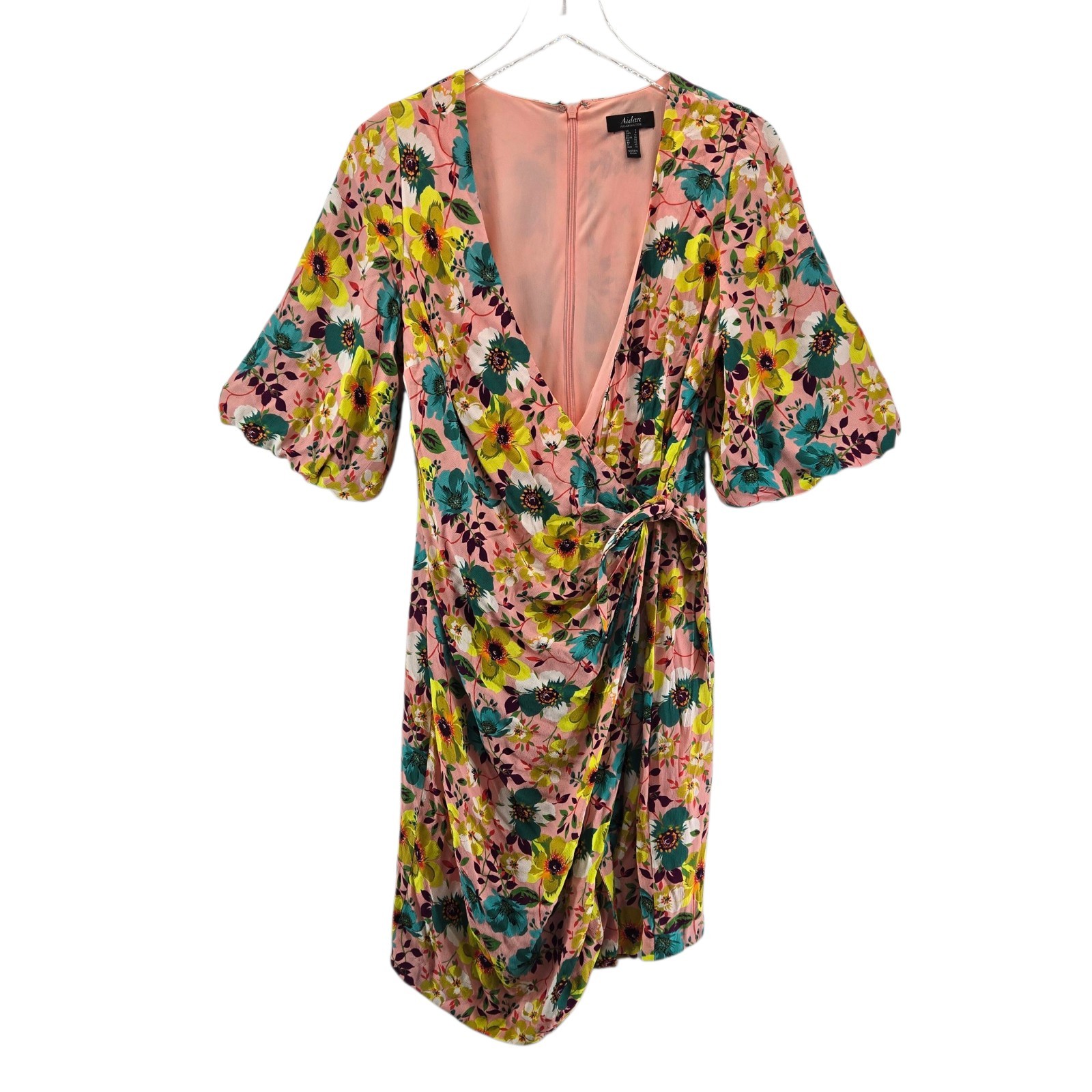 Aidan Mattox Wrap Mini Dress Womens 6 Bold Floral Pink Yellow Baddie Designer