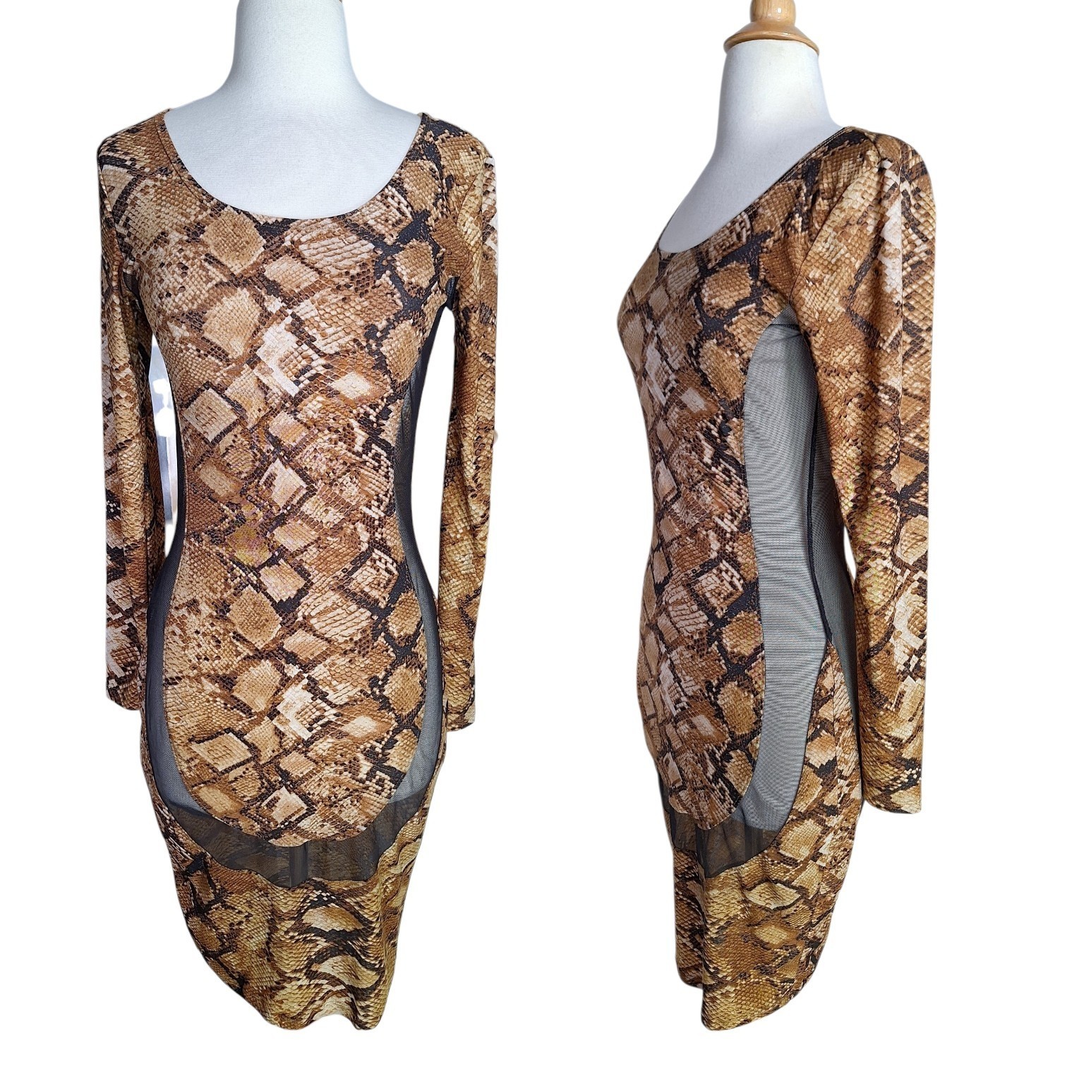 90s Y2K Metallic Snakeskin Bodycon Dress Sheer Mesh Illusion Panel Cutouts S/M