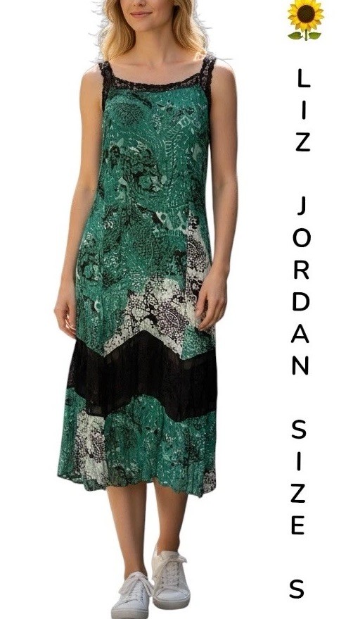 🌻 LIZ JORDAN SIZE S GREEN BLACK PAISLEY PRINT, LACE EASY CARE MIDI DRESS