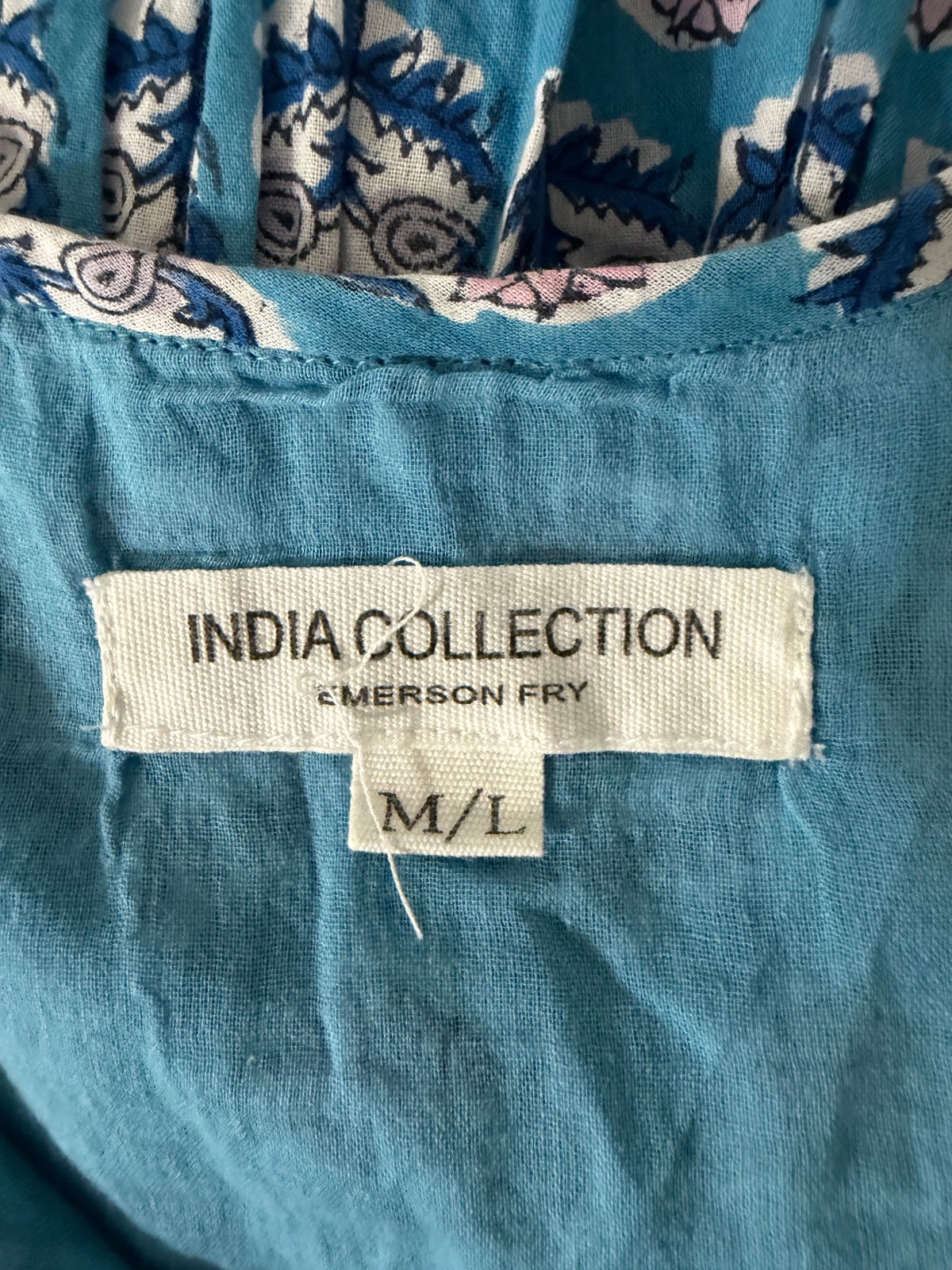 Emerson Fry India Collection Isla Dress Organic Cotton Blue Block Print M/L