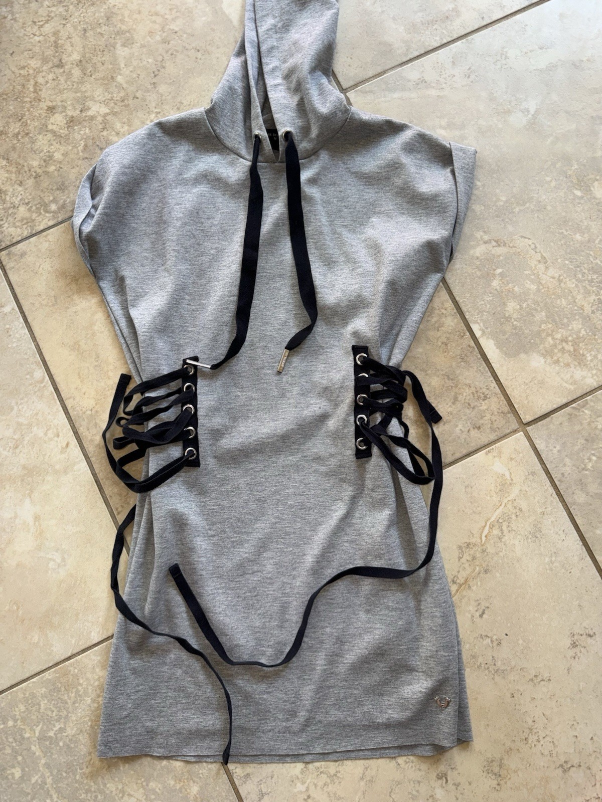 TRUE RELIGION Gray Lace-Up Hooded Sleeveless Mini Dress Womens XS NWOT Corset