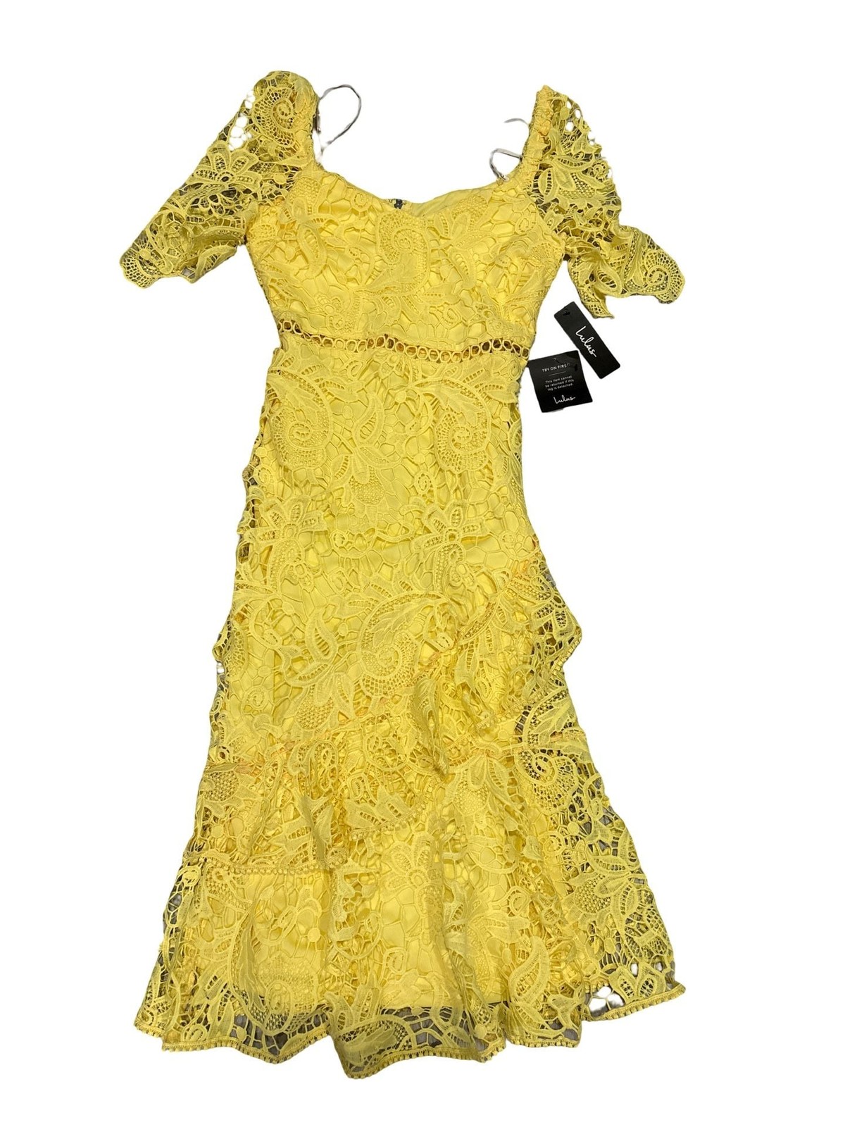 Lulus Yellow Lace Midi Dress Women’s Small Off Shoulder Ruffle Cocktail