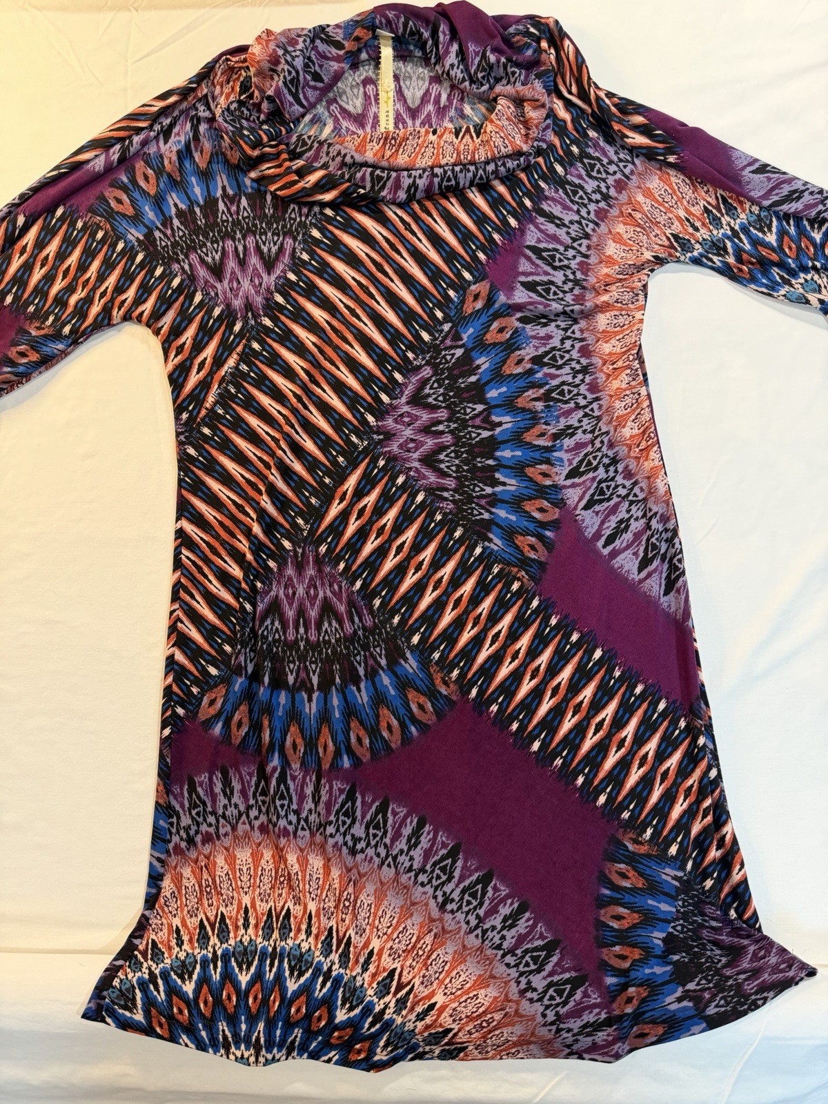 Uncle Frank Geometric Shift Dress Cowl Neck Hooded 3/4 Sleeve Stretch L B82